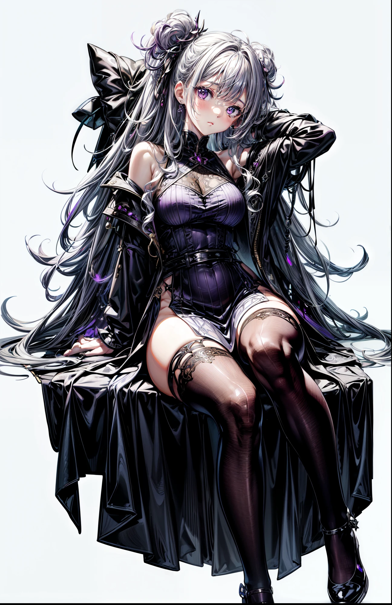 masterpiece, Best Quality, 4K, high resolution, ultra-detailed, High resolution, Ultra HD, sophisticated details, line art, thick lines, Backlight, ((Full body shot)), ((No background)), ((White background)), girl with long purple curly hair, white silver eyes, cute, chibi, purple clothes, sitting down
