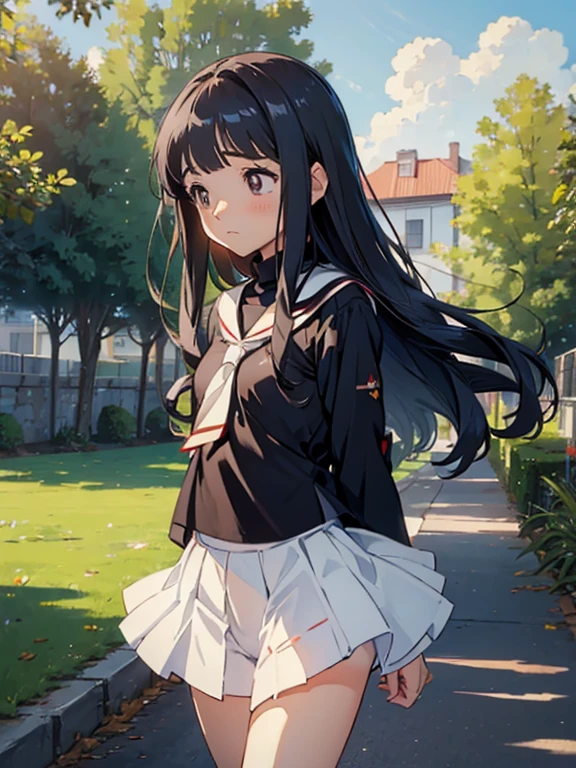 (((masterpiece))) ( Background : outdoor theme : bright : crowded cuty ) ( character : Tomoyo : long smooth hair : fit body : lolicon : small breast : innocent surprised face : wearing white underwear ), skirt in the wind