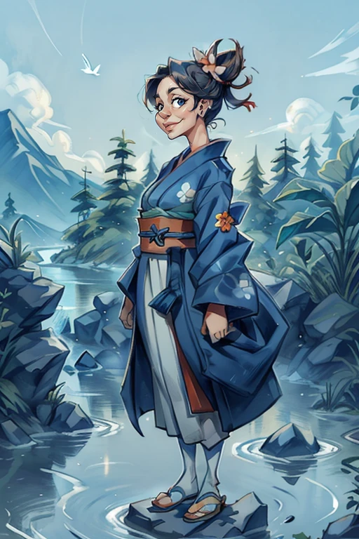  The image features a female character, who is the central figure. She is dressed in a traditional Japanese outfit, which includes a kimono and a hakama. The kimono has a blue and white color scheme, with a matching obi belt. The hakama is white and has a blue belt with an intricate design. The character's hair is styled in a bun, and she has a small, red flower in it. She is standing by a river, which is surrounded by a lush forest. The sky above is clear and blue. The overall scene is serene and peaceful.