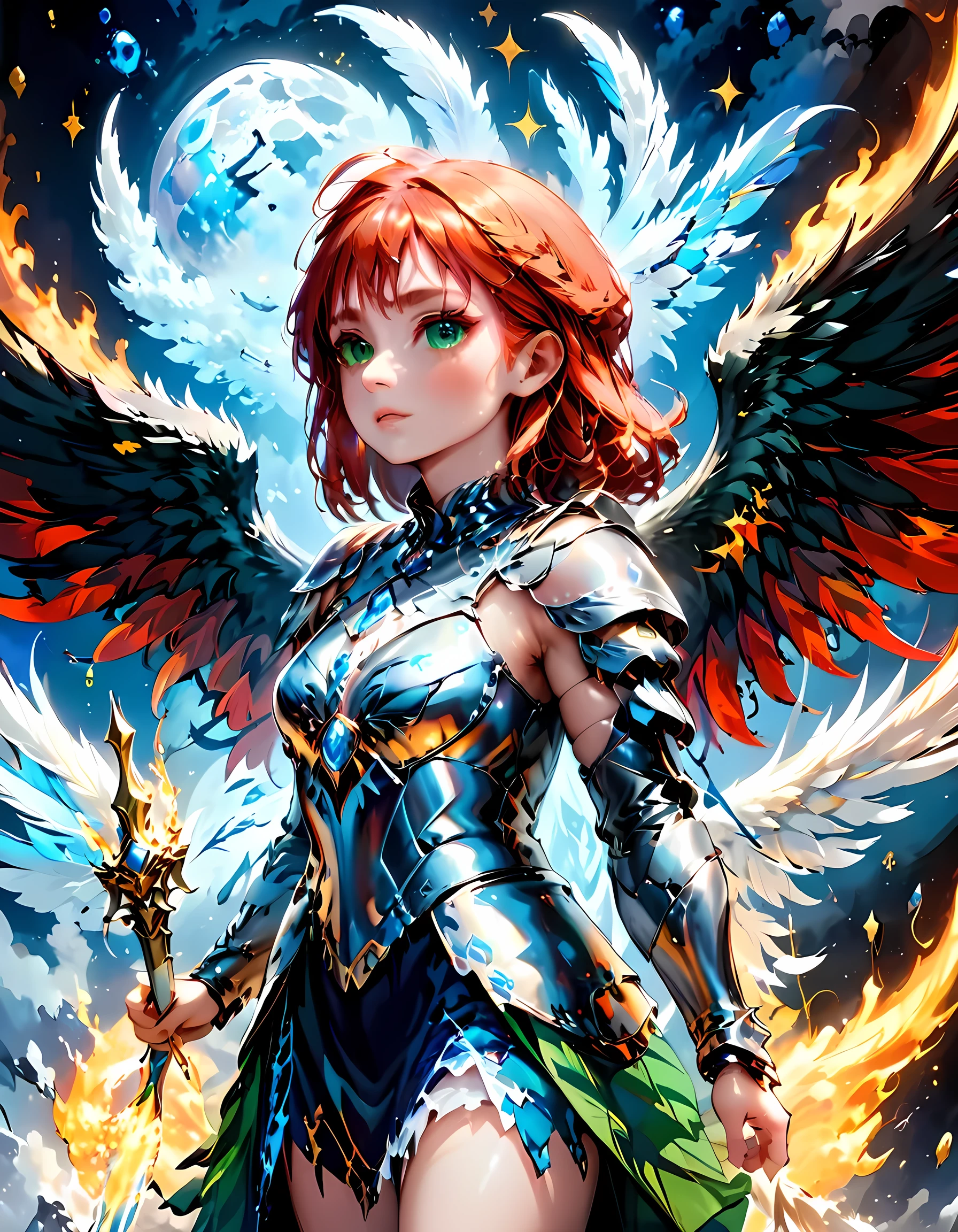 16k, ultra detailed, masterpiece, best quality, (extremely detailed), arafed, dnd art, panoramic view, full body, aasimar, female, (Masterpieceת intense details:1.3), female, sorceress, casting flaming spell(Masterpieceת intense details:1.3) large feathered wings,(white: 1.3) angelic wings spread (Masterpieceת intense details:1.3), fantasy magical heaven background (Masterpieceת intense details:1.3), moon, stars, clouds, wearing (azure: 1.3) armor (Masterpieceת intense details:1.3), high heeled boots (Masterpieceת intense details:1.3), armed with staff, (red hair: 1.4), (green eyes: 1.4), intense eyes, ultra feminine, ultra detailed face, (Masterpieceת intense details:1.5), (anatomically correct: 1.5), determined face, divine light, cinematic lighting, soft light, silhouette, photorealism, panoramic view ((Masterpieceת intense details:1.3) , Wide-Angle, Ultra-Wide Angle, 16k, highres, best quality, faize, 2.5D rendering, angel