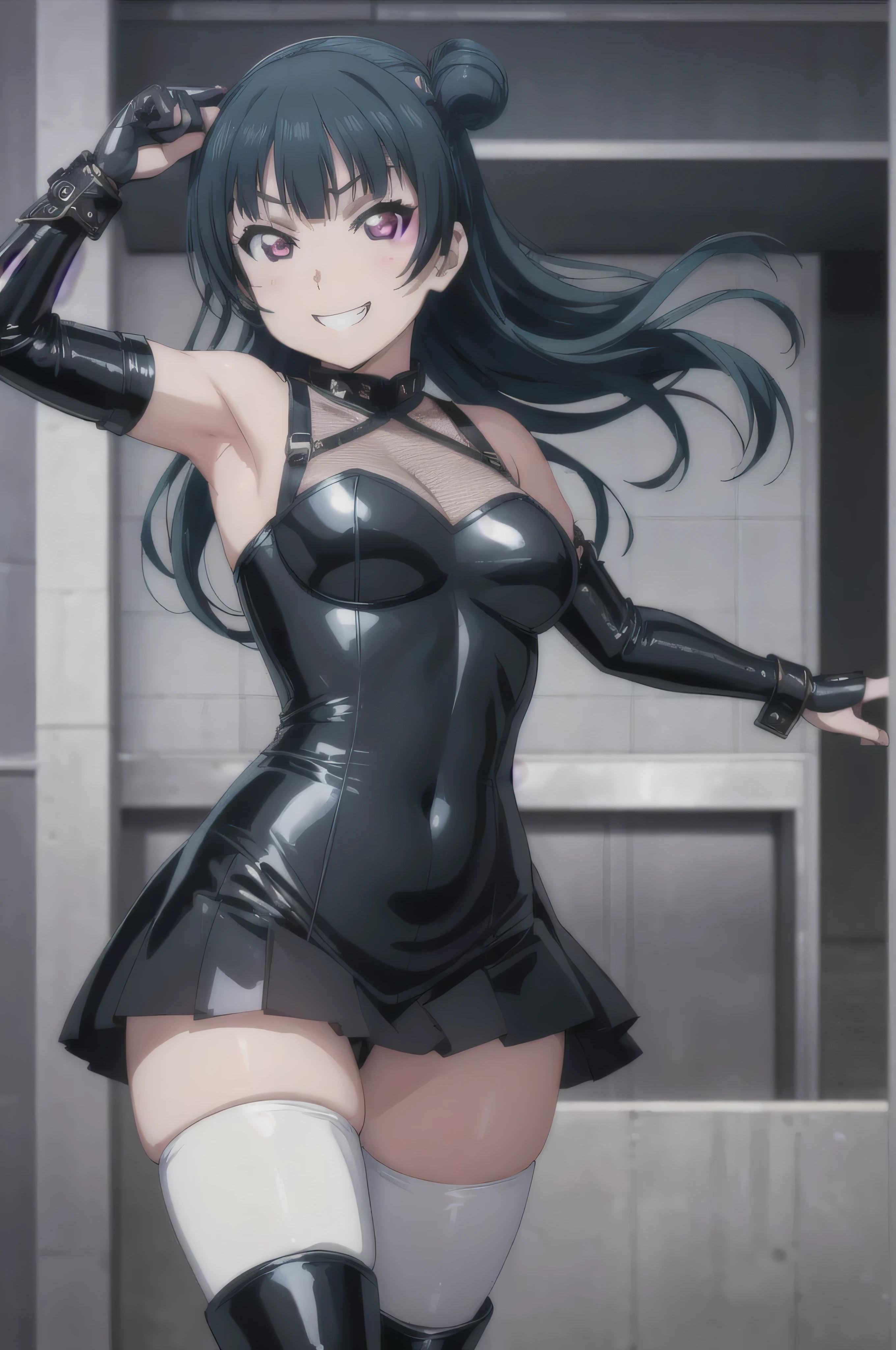 (((Pixel Perfect, Perfect in every detail))), alone, One girl, yoshiko tsushima, uranohoshi , latex, elbow gloves,latex five fingers,evil grin,View Viewer, Conceit, Dynamic pose,two hands,two legs,thighhigh boots,black wing,smile worst,