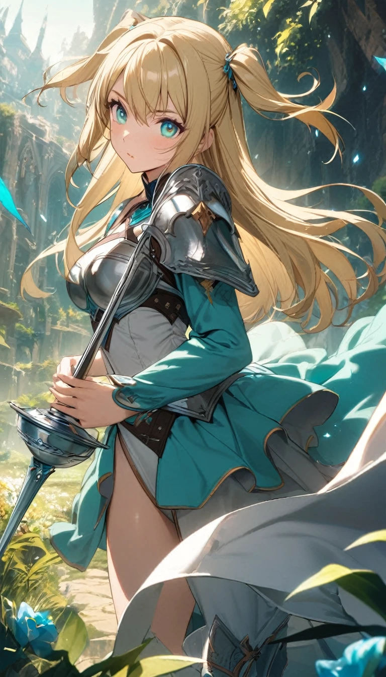 1girl,two side up,long hair,blonde hair,medium breasts,turquoise eyes,fantasy,rapier