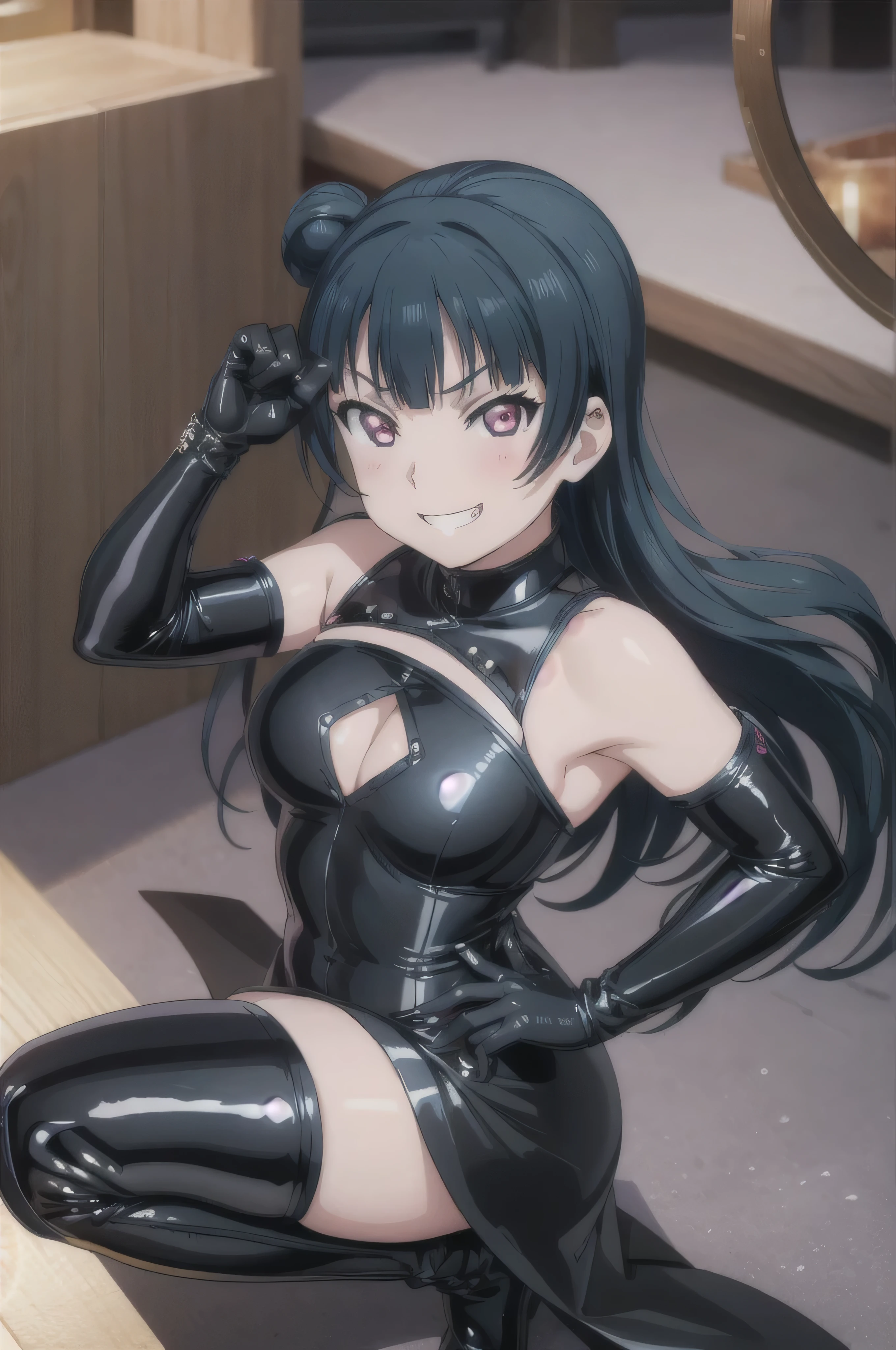 (((Pixel Perfect, Perfect in every detail))), alone, One girl, yoshiko tsushima, uranohoshi , latex, elbow gloves,latex five fingers,evil grin,View Viewer, Conceit, Dynamic pose,two hands,two legs,thighhigh boots,black wing,smile worst,
