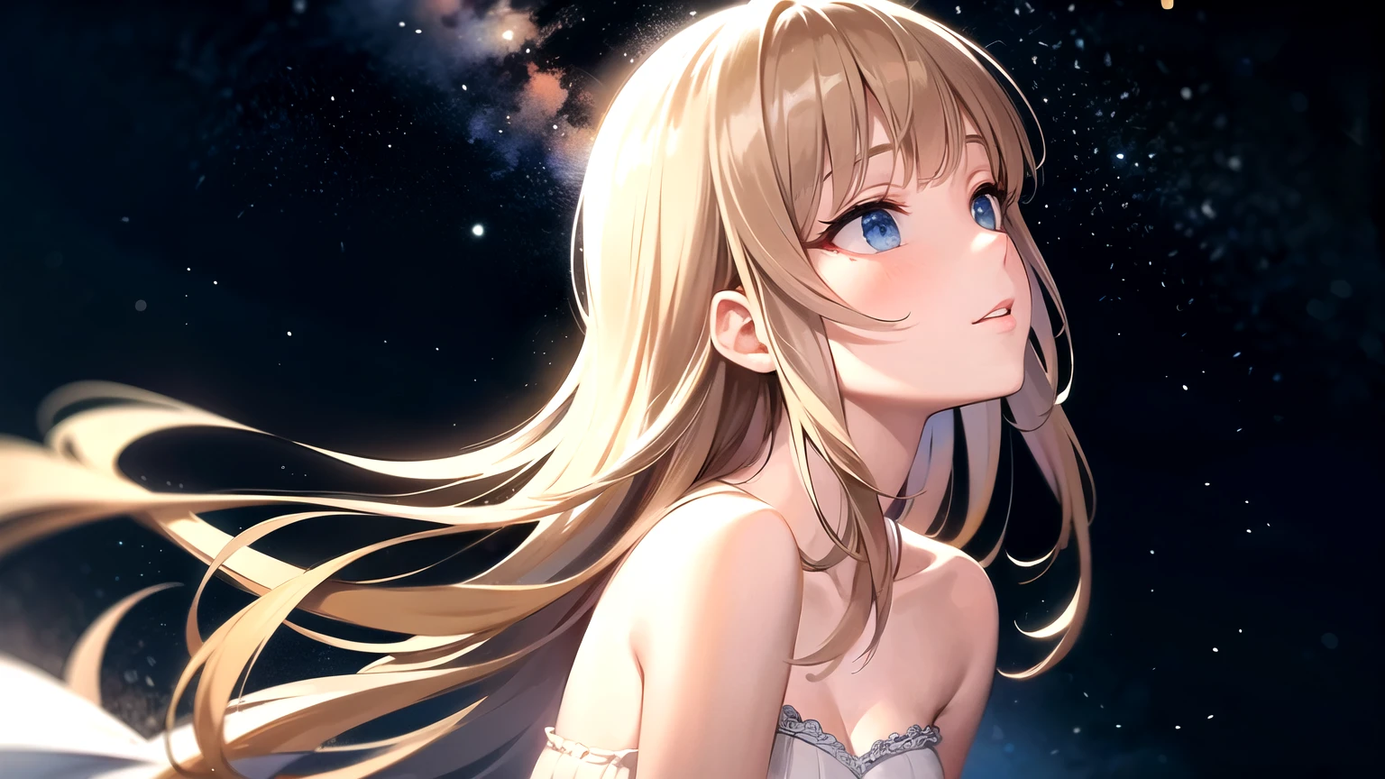 ((highest quality)), ((masterpiece)), (detailed), Perfect Face、One Girl、Light Brown Hair、Long Hair、Looking up at the night sky、Bangs、Blue Eyes、Light in the eyes、Close your mouth、girl,blunt bangs、White dress、shutting eyes、profile、Cami dress