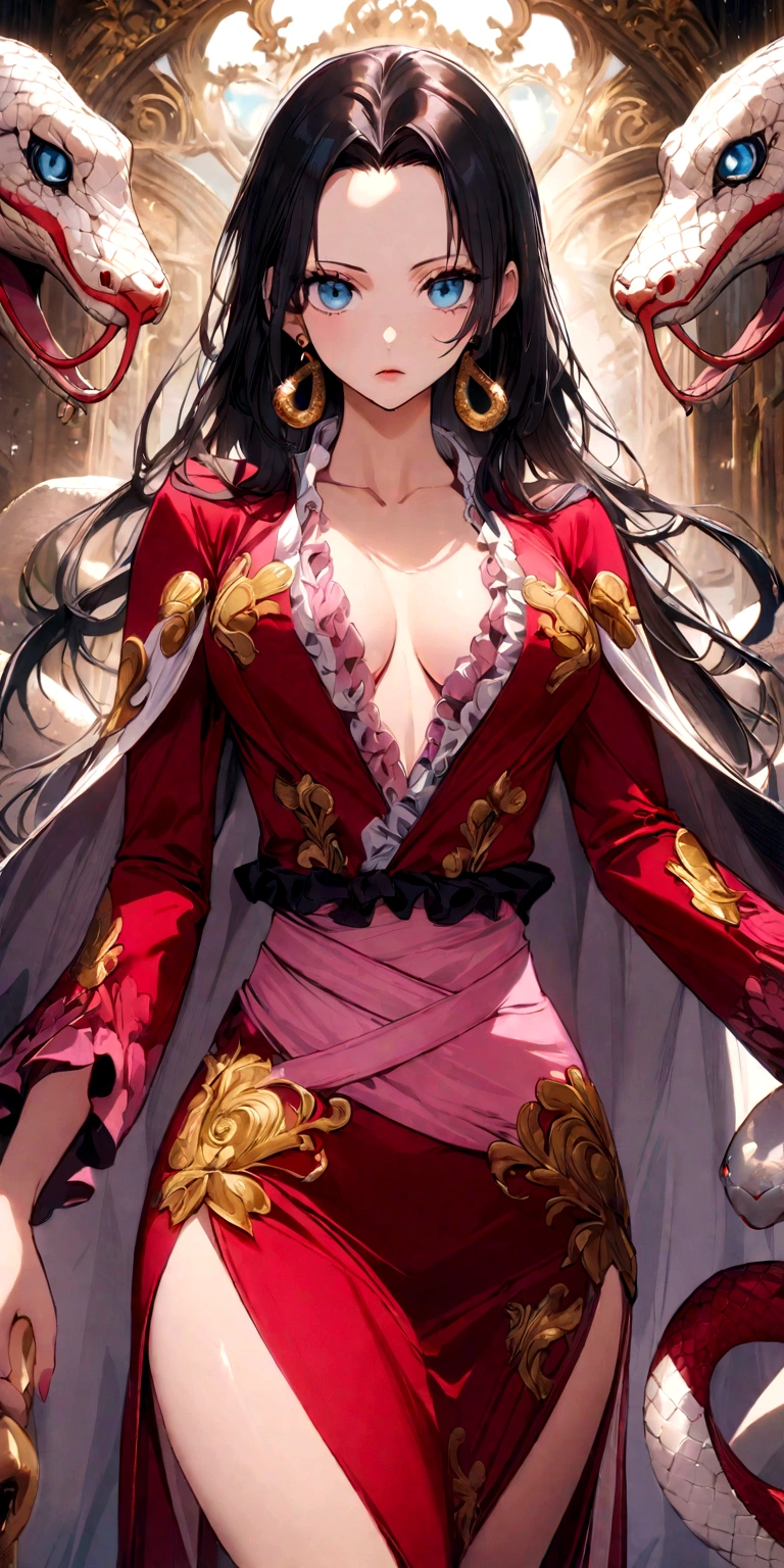 masterpiece, best quality, very aesthetic, absurdres,
boa_hancock(one_piece), black_hair,  hime_cut, bare forehead , snake_earrings, blue_eyes, breasts, cape, crop_top,  frilled_sleeves, frills, jewelry, pink_nails, pink_sash, pink_sleeves, plunging_neckline, red_shirt, red_skirt, side_slit, snake, solo, looking_at_viewer, cowboy_shot, heart, 