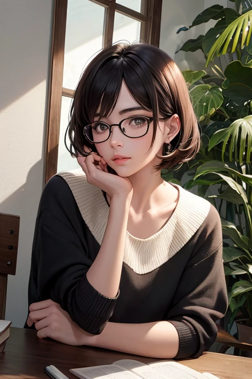 ((mejor calidad)), ((obra maestra)), (detallado), cara perfecta, tez clara, con lentes negros, lunar de lado izquierdo de la nariz, labios medianos carnosos, cabello corto, peinado de raya de lado sin fleco, cabello completamente negro, fondo junto a una ventana que da hacia el bosque al amanecer, bright light brown eyes, with one hand resting on the chin, with a pencil in his hand that is resting on his chin, ((solo mostrando el rostro)).