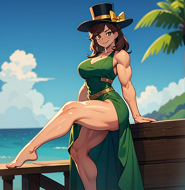 Muscular,women,female,top hat,brown hair,yellow eyes,elegant Green dress,long dress,an exposed leg,smile ,solo,breasts,,dock,bay,(Hypermuscle:1.2)