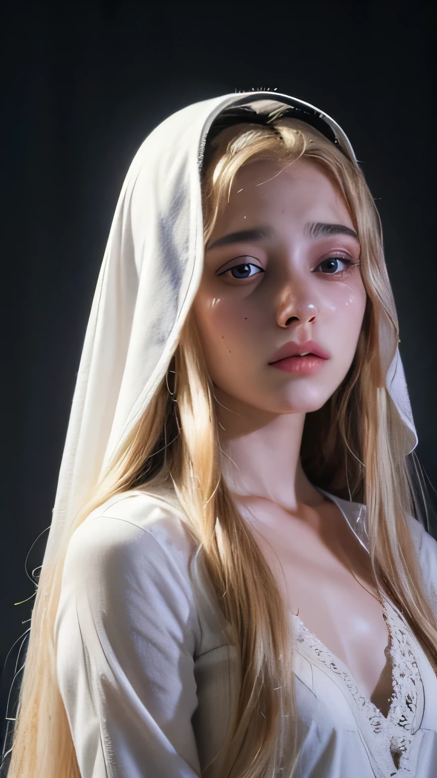 A beautiful young arabic girl, , long blonde hair, white radiant skin, feeling anxious, insecure with herself, white dress, feeling anxiety, sad, terrified, gloomy expression, dramatic lighting, Ultra high res, uhd, (photorealistic:1.4), cinematic light, chest view, sweaty