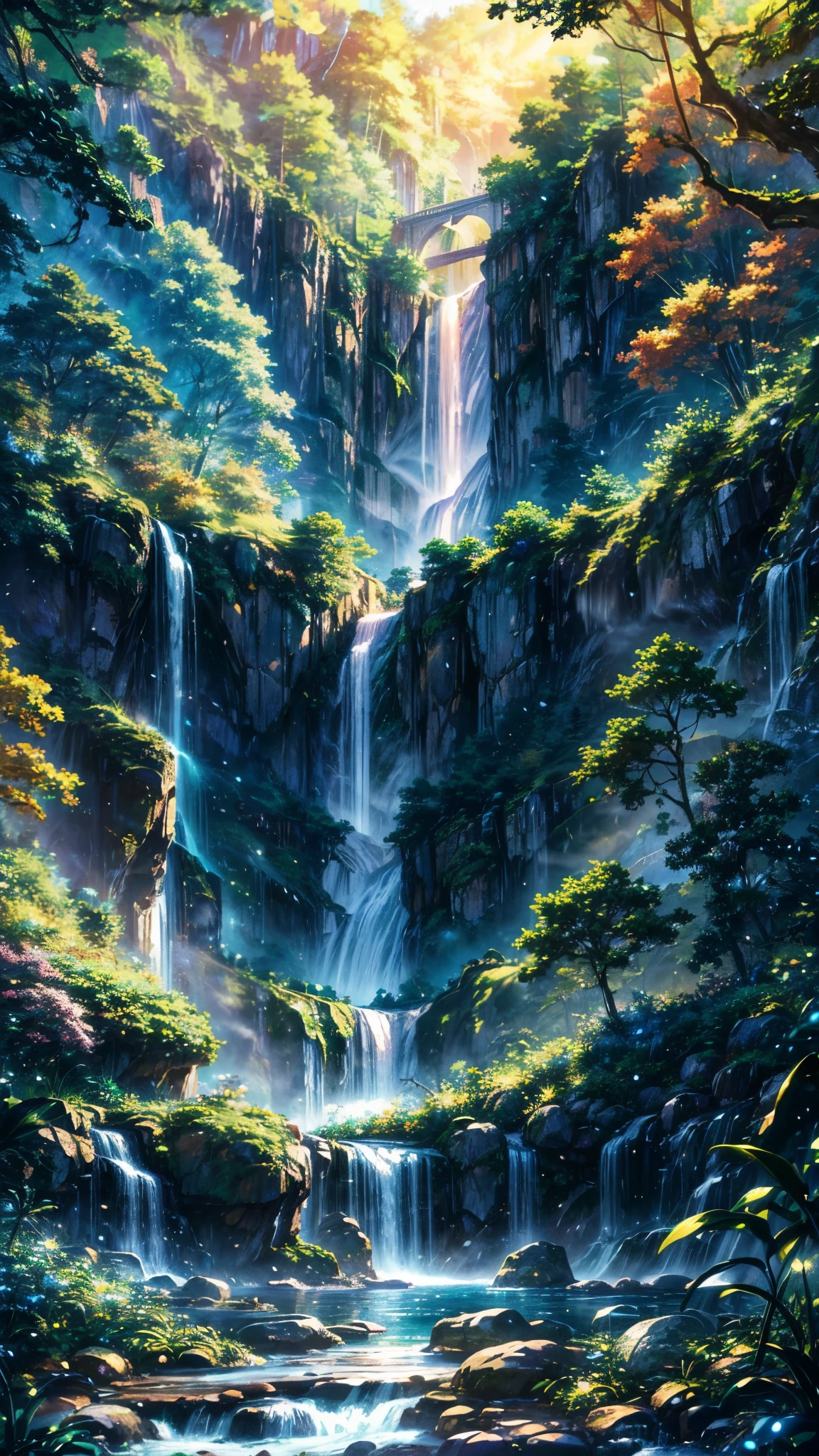 a celestial fantasy landscape, a majestic waterfall cascading into a serene pool, lush verdant forests bathed in golden light, cinematic ultra-detailed HDR photography, ethereal soft pastel colors, heavenly tranquil atmosphere, masterpiece digital art, anime-inspired vibrant visuals, photorealistic quality, best quality, 8k, hyperrealistic, physically-based rendering, extreme fine details, vivid colors, dramatic lighting