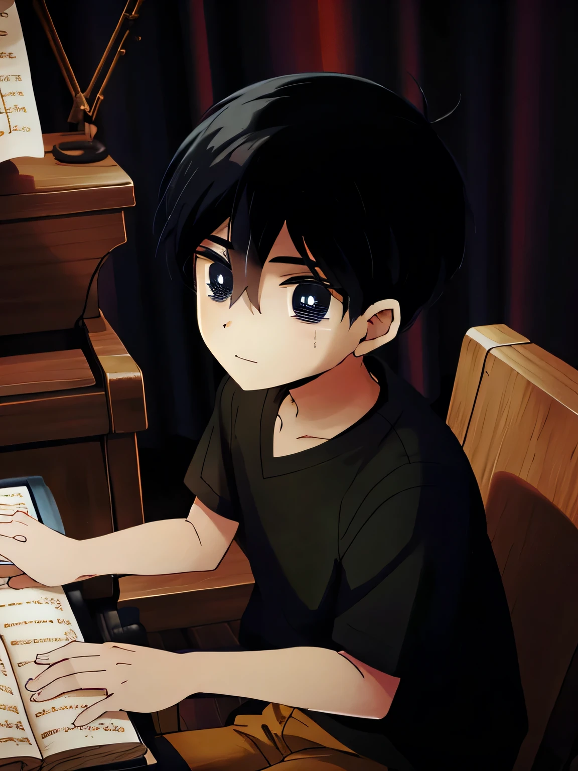 1menino, cabelo preto, olhos pretos escuro como o spaco, inespresivo, olhos fechados,tocando um piano,