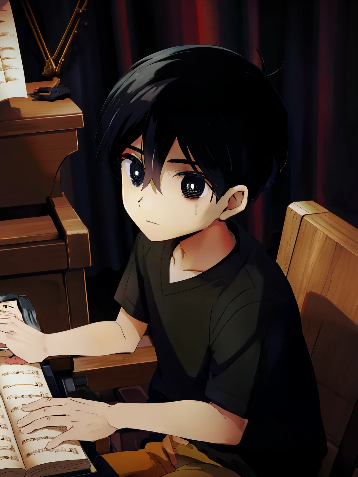 1menino, cabelo preto, olhos pretos escuro como o spaco, inespresivo, olhos fechados,tocando um piano,