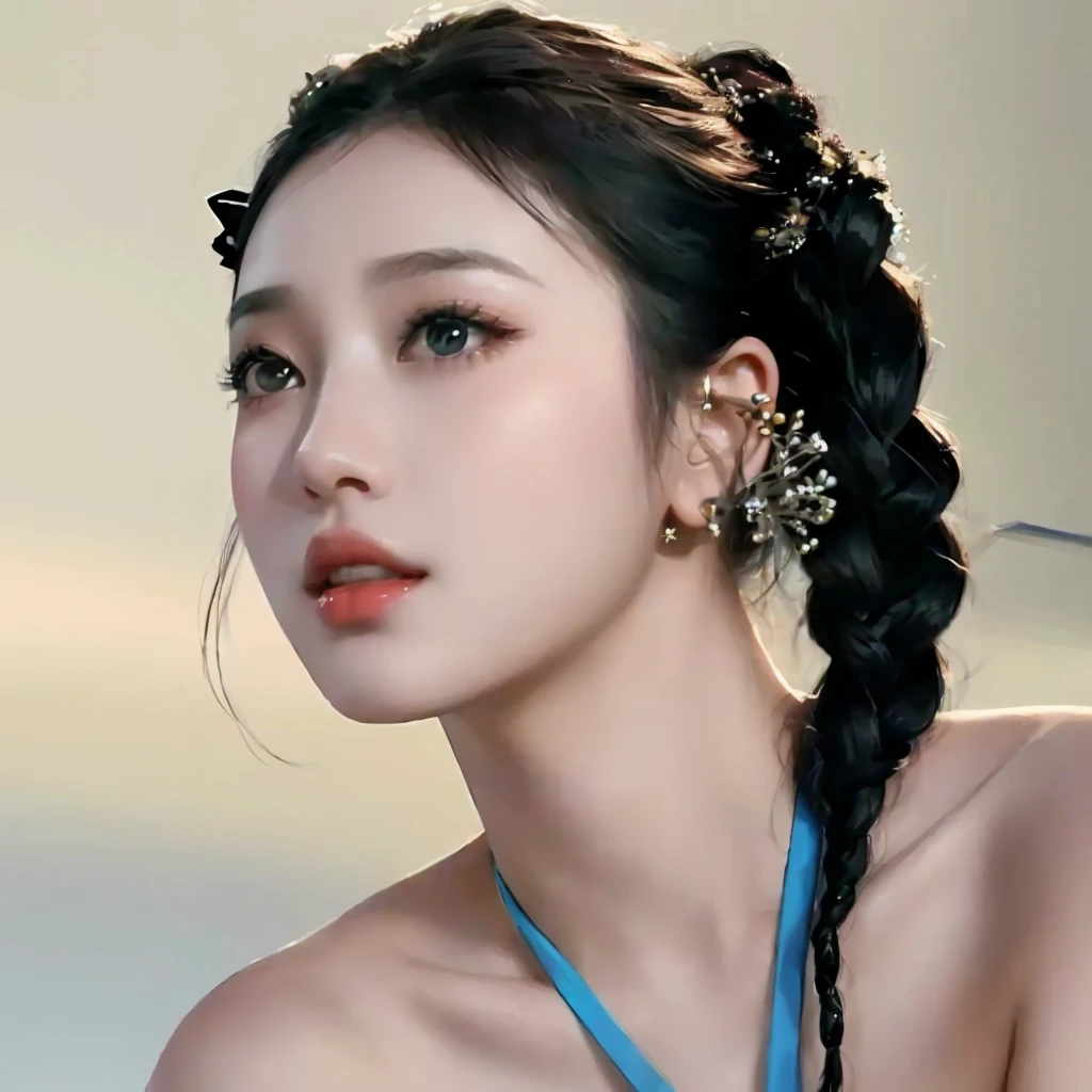 Mujer hermosa con un vestido azul y una trenza en el pelo., obra de arte al estilo de guweiz, inspirado en Sim Sa-jeong, in bowater art style, female korean idol portrait, hermosa obra de arte digital, hermosa mujer surcoreana, inspirado por Zhang Yan, exquisite digital illustration, preciosa pintura digital, Inspirado por Ai Xuan, realista, mujer hermosa, Ningning, Aespa, Kpop, coreana, belleza inigualable, ojos hermosos, mejorar calidad, rostro de chica hermosa.