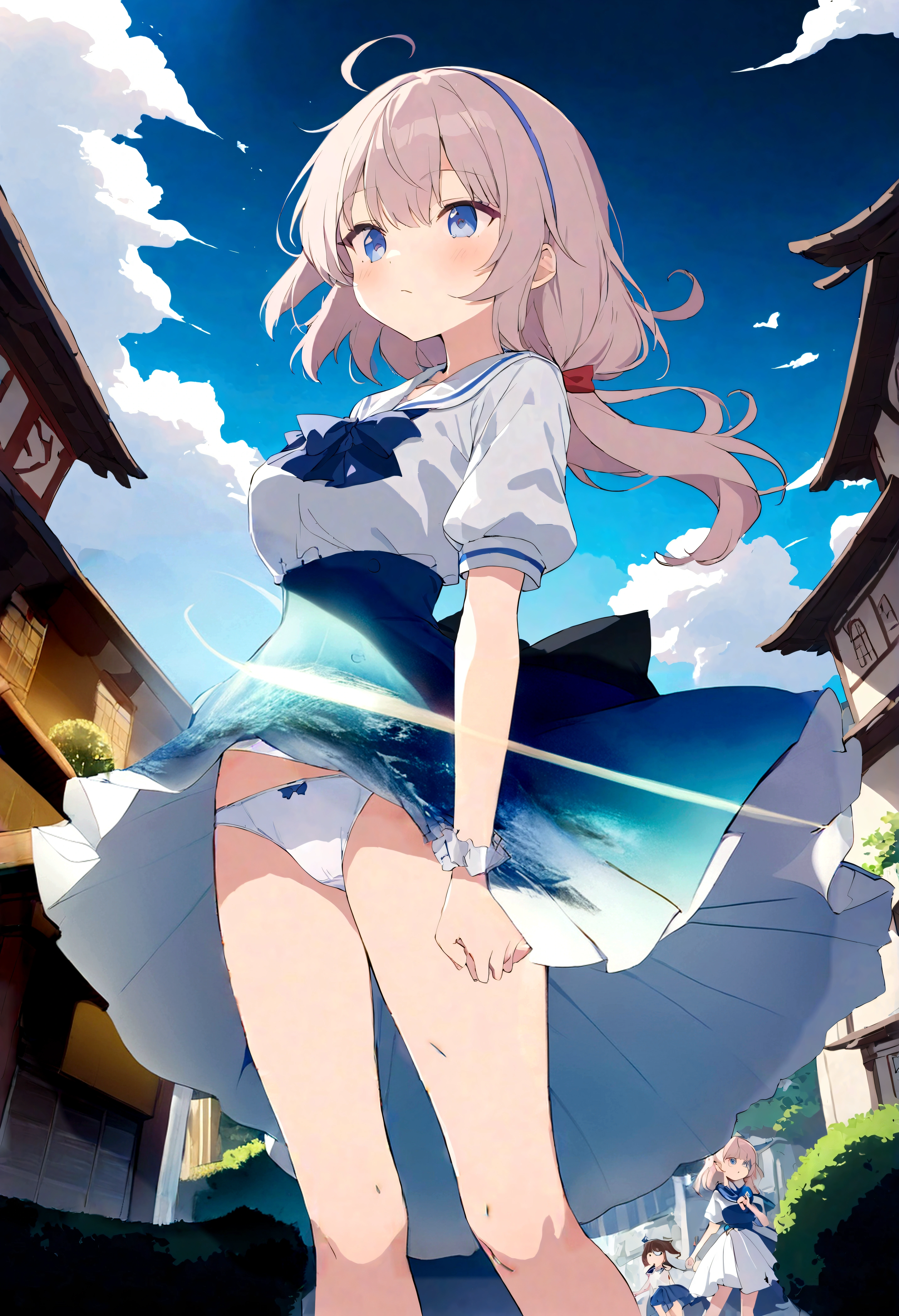 The skirt is blown up by the wind、The white lining is visible、