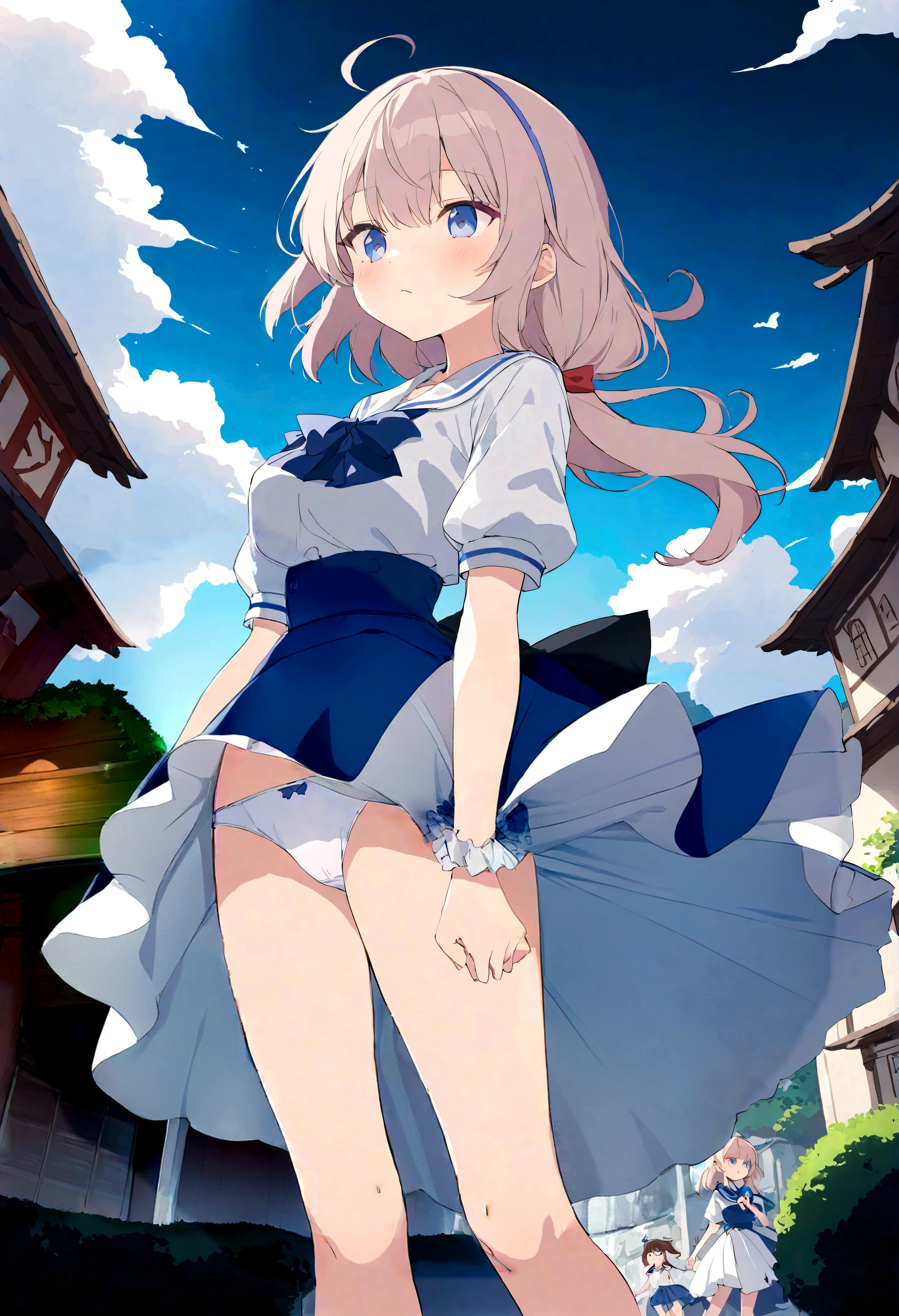 The skirt is blown up by the wind、The white lining is visible、