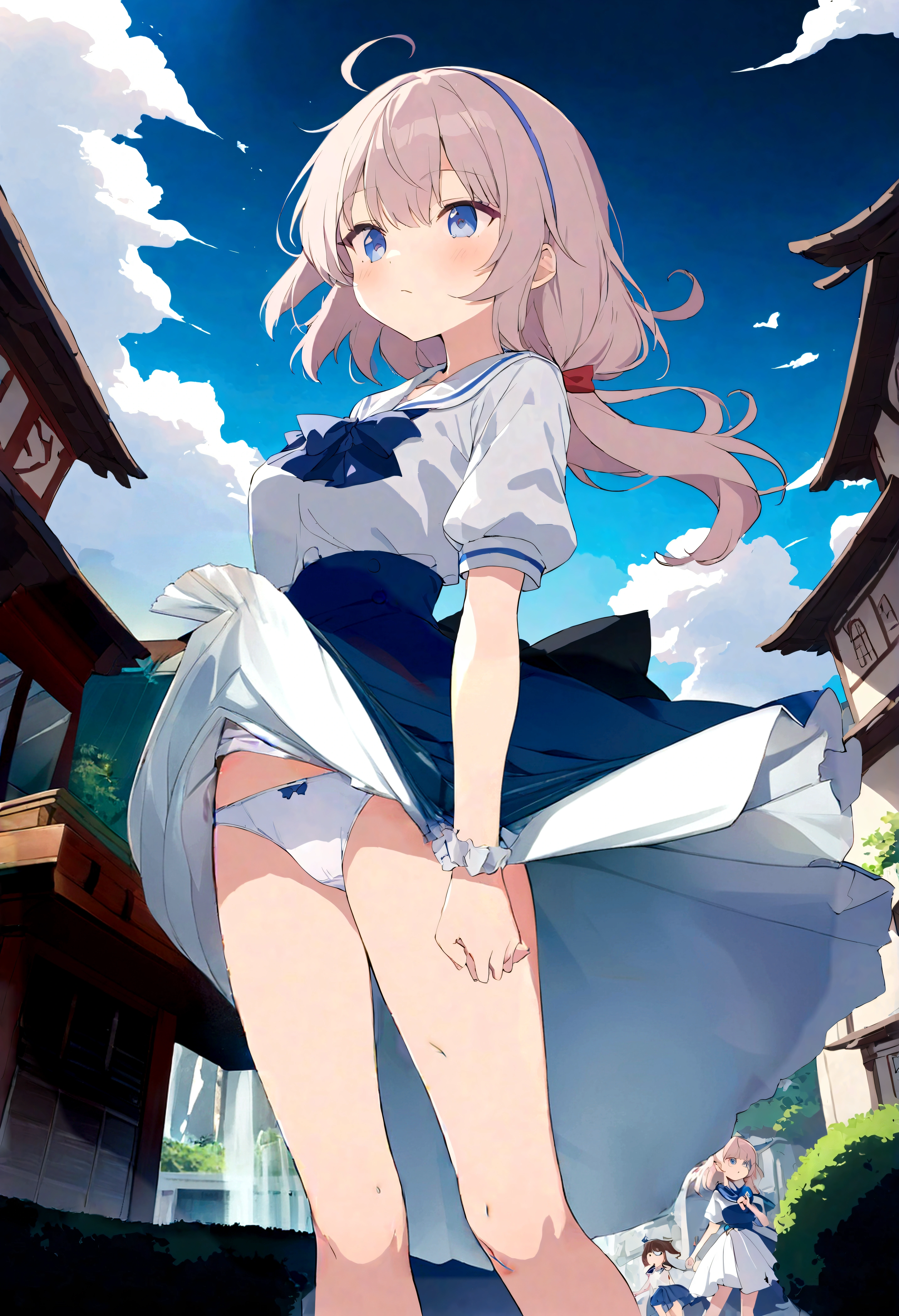 The skirt is blown up by the wind、The white lining is visible、