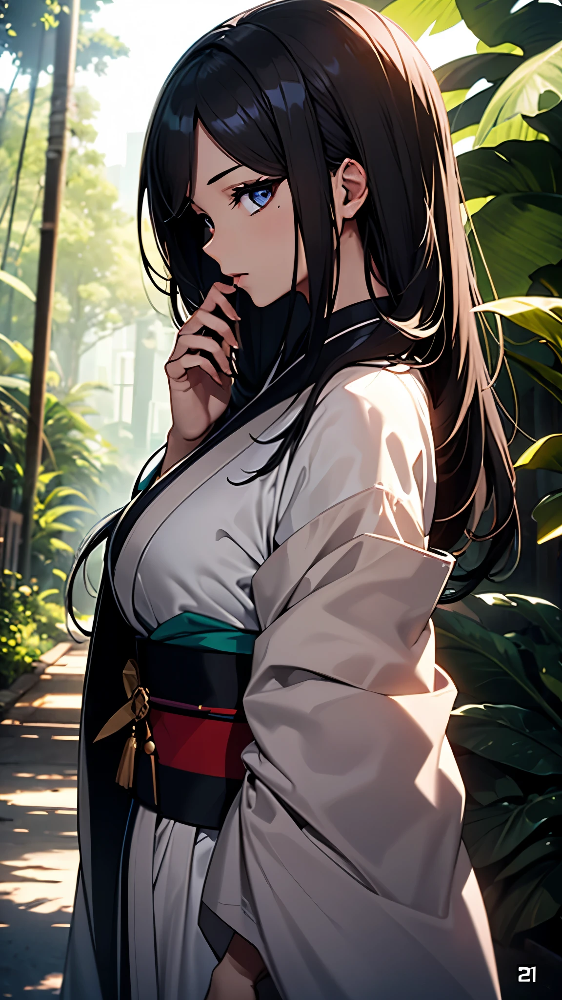 1girl, Long brown hair, Brown eyes, bangs pinned back, forehead, very long sleeves, Petite, open kimono, You can see the panties, in full height, Photos from a long distance, smug, In the bamboo forest,