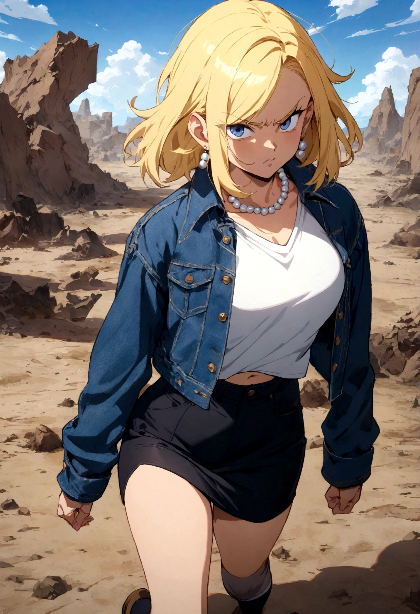 (Best quality, masterpieces,anime style,style of akira toriyama:1.1),1girl,solo,Mean Girl,blonde hair,short hair,centre parting bangs,blue eyes,Unfriendly eyes,Fierce expression,earrings,pearl necklace,White short-sleeved V-neck T-shirt with a blue denim crop jacket,Black JK Skirt, Over-the-Knee Socks,Wind, outdoors, wild wasteland,Blue sky,