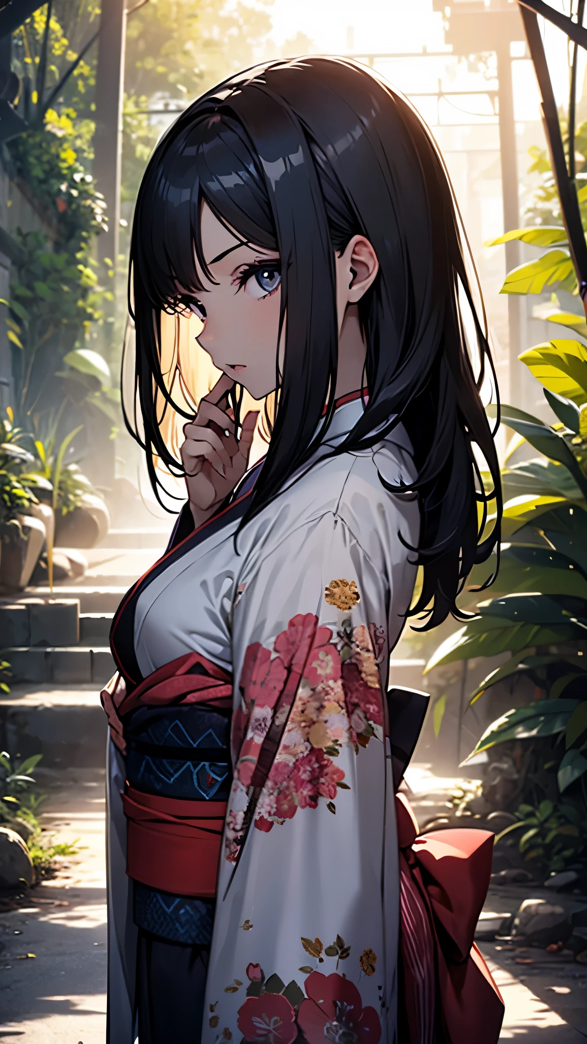 (1girl:1.3), Masterpiece, Best quality, amazing beauty, [[3D]], 4K, absurdres, finely detail, super detailed eye, perfect anatomy, official art, cinematic lighting, BREAK, forest/jungle, silky long hair, black hair, super shiny detailed black eye, big eyes, cute eyes, thin eyebrow, （retreating figure）, she's hiding her face. close-mouth, thin lips, BREAK , usually, tall, medium, fair skin, detailed skin, Are standing, profile, from side, Sidelighting, BREAK , (kimono:1.2)