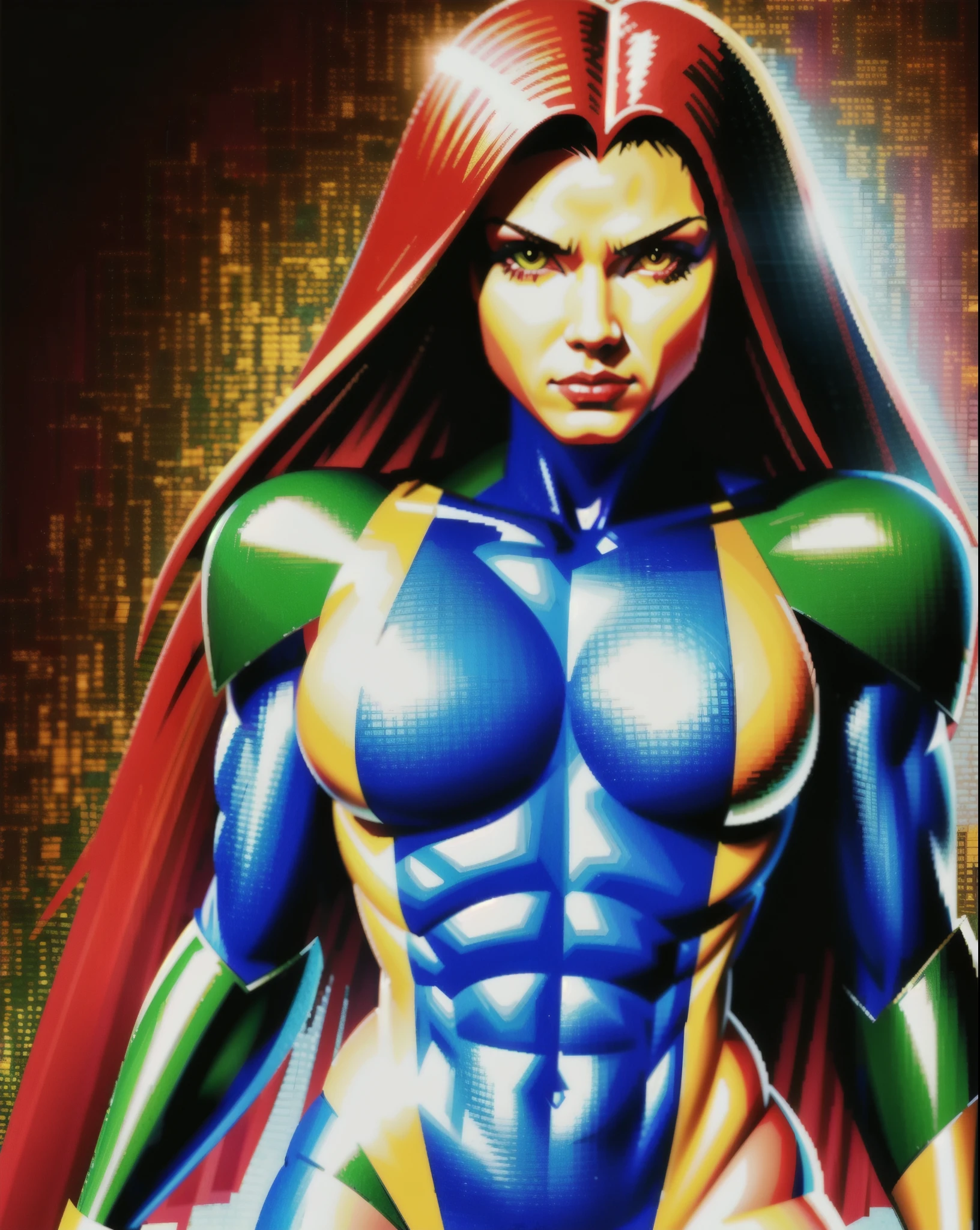 best quality, masterpiece, highly detailed, ultra detailed, 1 girl, superhero, with green and gold eyes, long red hair, her skin color is dark, (Chausses), An armor made of black metal mesh,