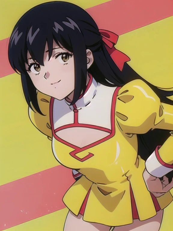 masterpiece, best quality, 1girl, looking at viewer, ultra detailed, black hair, brown eyes, bangs, long hair, hair ribbon, simple background , long sleeves, dress, puffy sleeves, uniform, cleavage cutout, juliet sleeves, half updo, yellow dress, cowboy shot, smile, tease