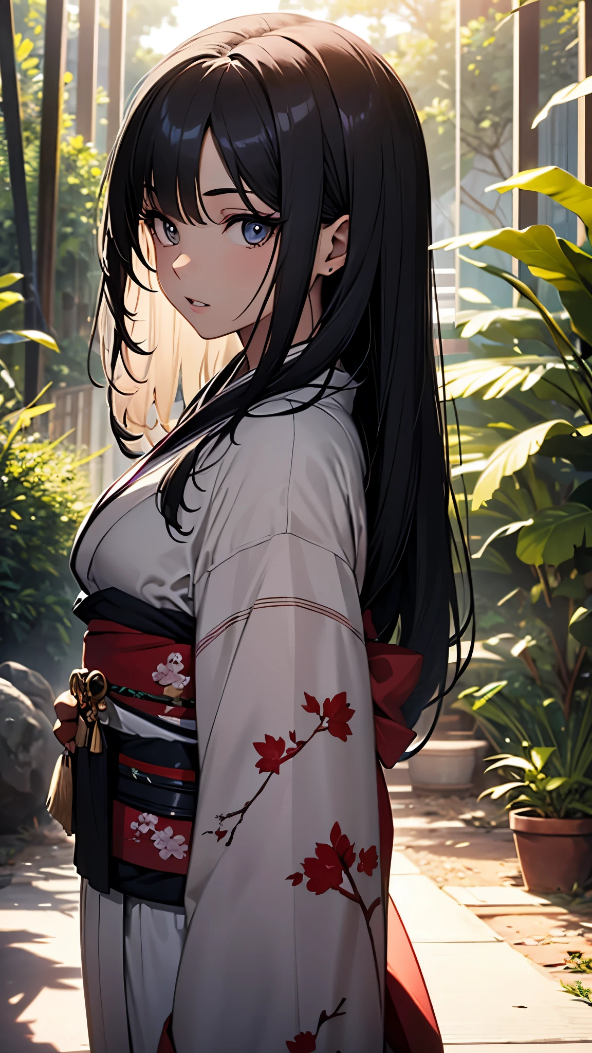 (1girl:1.3), Masterpiece, Best quality, amazing beauty, [[3D]], 4K, absurdres, finely detail, super detailed eye, perfect anatomy, official art, cinematic lighting, BREAK, forest/jungle, silky long hair, black hair, super shiny detailed black eye, big eyes, cute eyes, thin eyebrow, （retreating figure）, she's hiding her face. close-mouth, thin lips, BREAK , usually, tall, medium, fair skin, detailed skin, Are standing, profile, from side, Sidelighting, BREAK , (kimono:1.2)