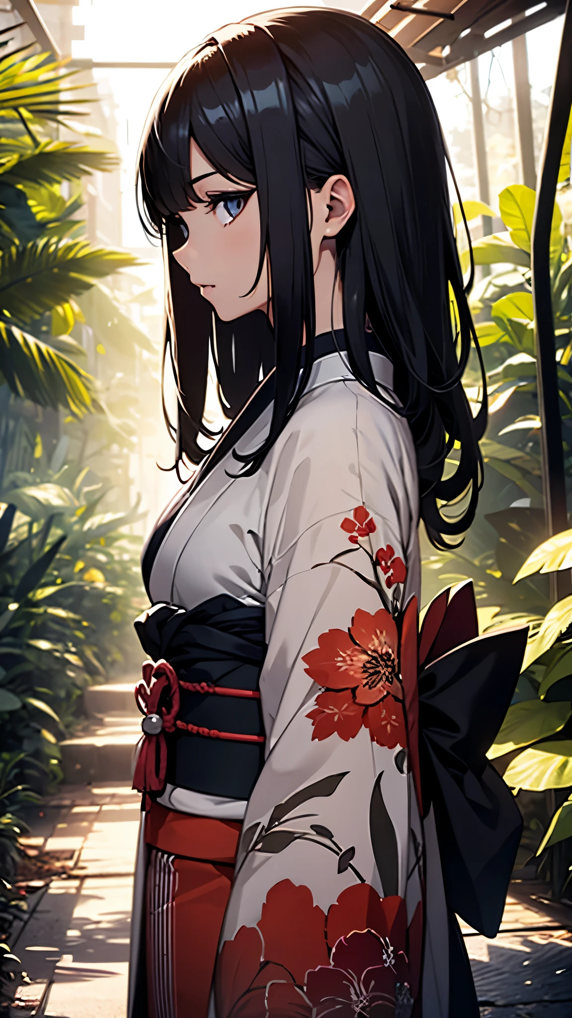 (1girl:1.3), Masterpiece, Best quality, amazing beauty, [[3D]], 4K, absurdres, finely detail, super detailed eye, perfect anatomy, official art, cinematic lighting, BREAK, forest/jungle, silky long hair, black hair, super shiny detailed black eye, big eyes, cute eyes, thin eyebrow, （retreating figure）, she's hiding her face. close-mouth, thin lips, BREAK , usually, tall, medium, fair skin, detailed skin, Are standing, profile, from side, Sidelighting, BREAK , (kimono:1.2)