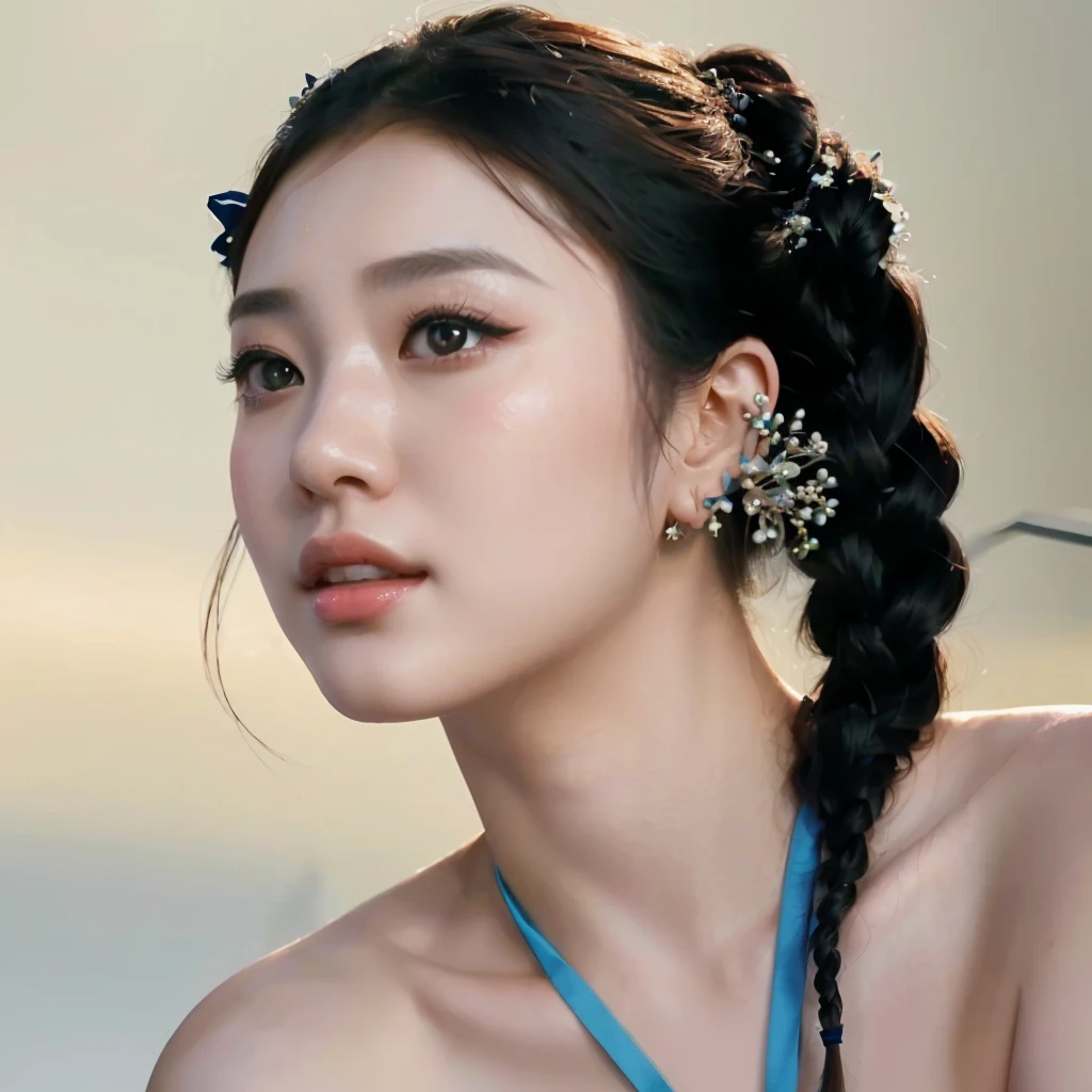 Mujer hermosa con un vestido azul y una trenza en el pelo., obra de arte al estilo de guweiz, inspirado en Sim Sa-jeong, in bowater art style, female korean idol portrait, hermosa obra de arte digital, hermosa mujer surcoreana, inspirado por Zhang Yan, exquisite digital illustration, preciosa pintura digital, Inspirado por Ai Xuan, realista, mujer hermosa, Ningning, Aespa, Kpop, coreana, belleza inigualable, ojos hermosos, mejorar calidad, rostro de chica hermosa.