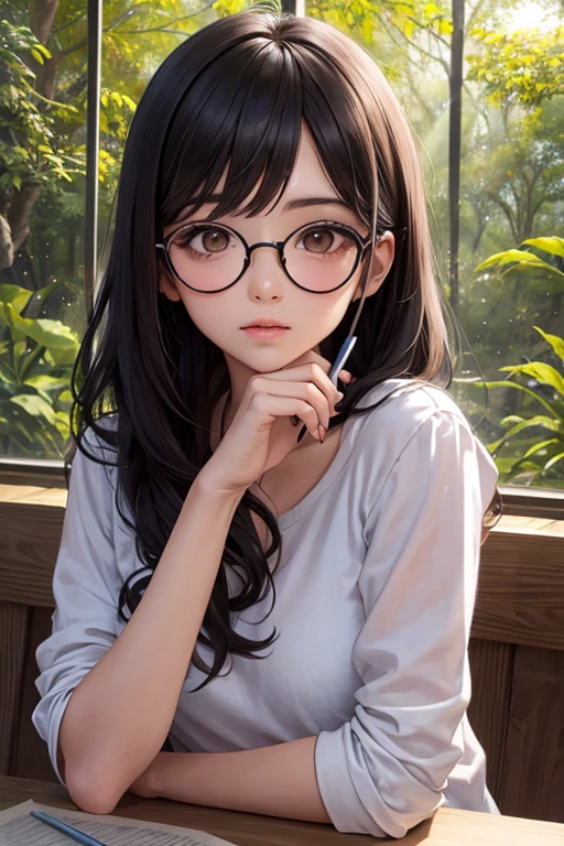 ((mejor calidad)), ((obra maestra)), (detallado), cara perfecta, tez clara, con lentes negros, lunar de lado izquierdo de la nariz, labios medianos carnosos, cabello corto hasta las orejas, peinado de raya de lado, sin fleco, cabello completamente negro, fondo junto a una ventana que da hacia el bosque al amanecer, bright light brown eyes, with one hand resting on the chin, with a pencil, solo mostrando el rostro.