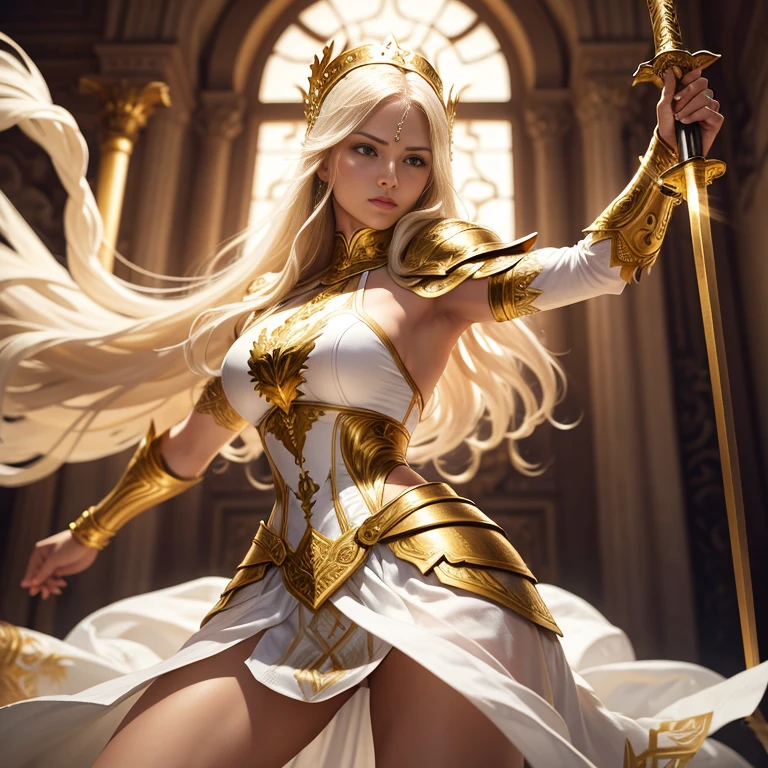 A long blond hair warrior latin lady wearing a white elaborated intricate armor gold top, holding a sword, dynamic pose