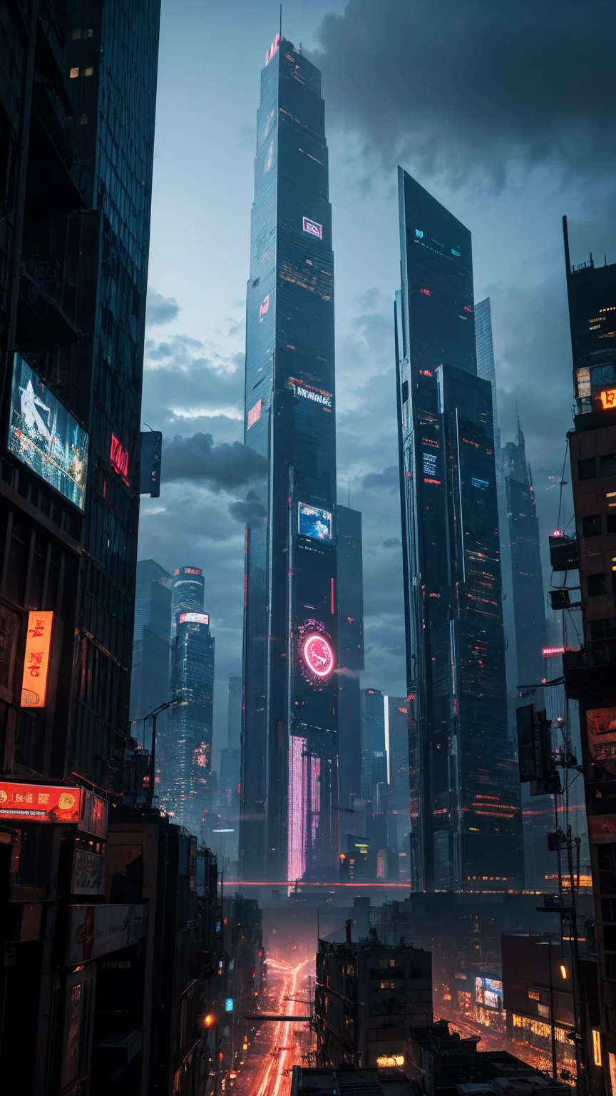 a highly detailed cyberpunk scene, a futuristic cityscape with towering skyscrapers, neon lights, and advanced technology, 4k, best quality, ultra-detailed, photorealistic, cinematic lighting, dramatic colors, dynamic composition, intricate architecture, holographic displays, flying vehicles, advanced robotics, moody atmosphere