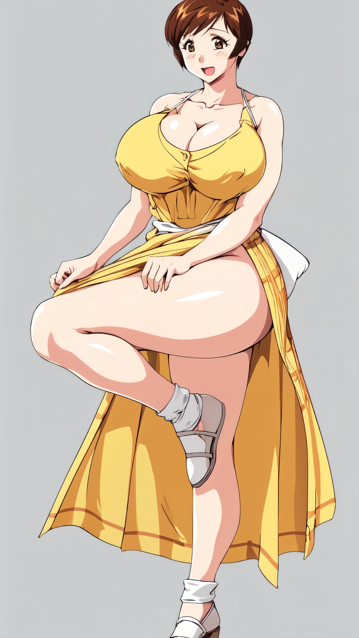 masterpiece, highest quality, High resolution, 1girl, solo, sexual intercourse, Pornographic image, short hair, etsukoto, brown eyes, fine grain, fine grain, (((Thick thighs, Plump thighs, Voluptuous thighs, Thighs are enough))), Big and ample breasts, Cleavage, Huge long breasts, Naughty big,((Big breasts are important))、((Naughty thighs)), L Cup, (thin:1.4),(Tight waist:1.4), (yellow dress:1.4), (white waist apron), white panty, smile, open mouth, looking away, (((Simple Background))), ((Wide Hips)), Shiny, Oily skin, Mature mother, Calf, Seductive mature woman, Perfect body, Plus Size Model, etsukoto, blush, clavicle, retro artstyle, 1990s (style), standing on one leg, full body, feet,