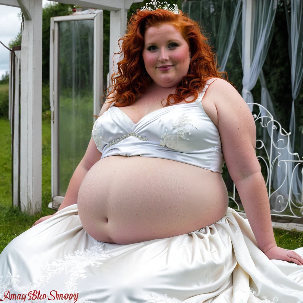 sbbw solo extremely morbidly obese redhead Belgian woman full body alone wearing a white wedding dress beer belly