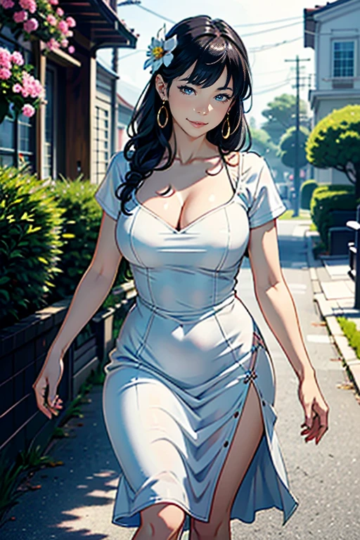 8k,(Ultra-realistic:1.4)、(live-action:1.4、Ideal body type:1.4)、highest quality、Highlighting this beautiful and delicate womana woman in a white dress with flowers on the side, shy smile,a marble sculpture by Lü Ji, trending on cg society, neo-romanticism, full body, elegant, made of flowers