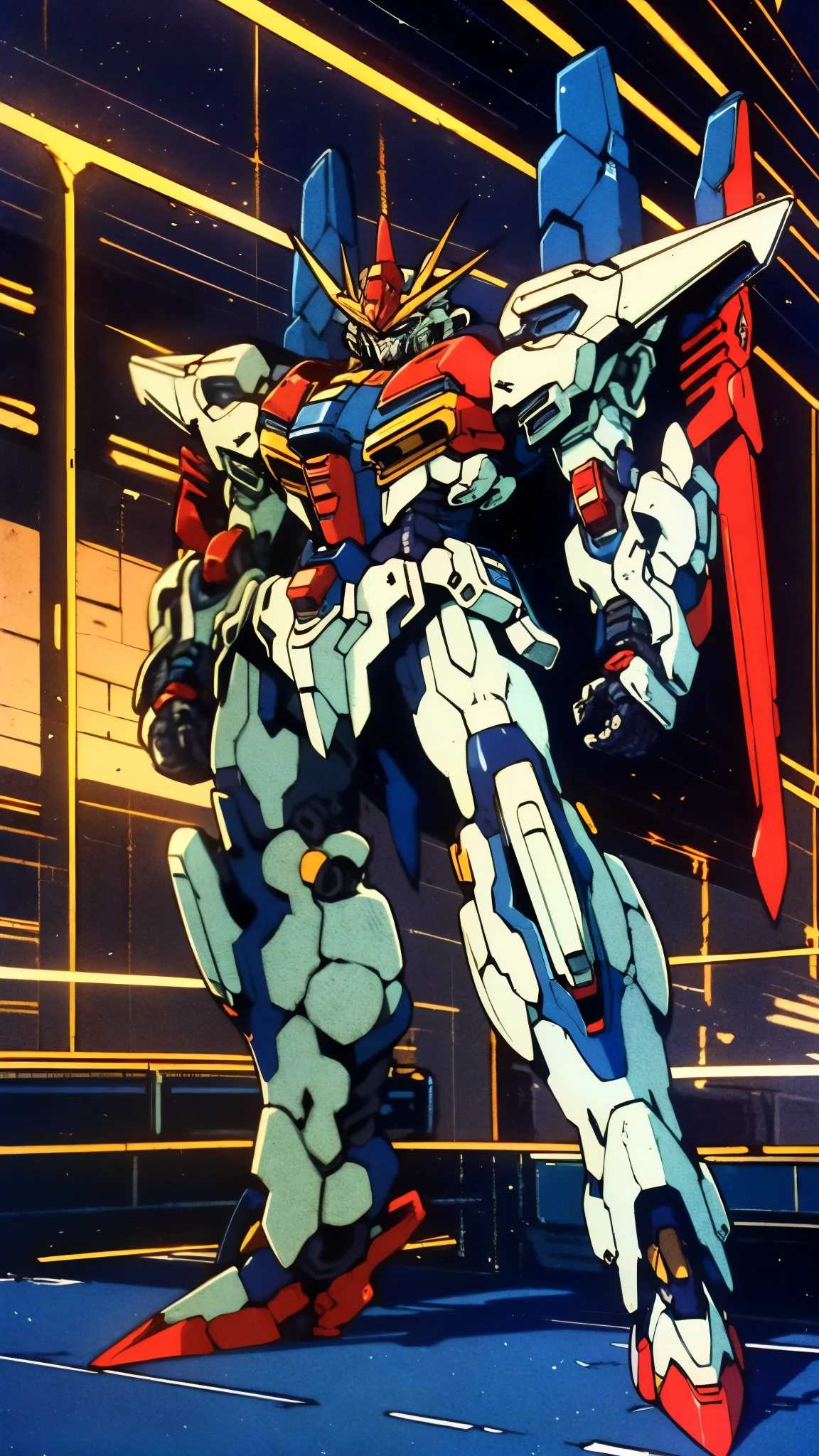 Humanoid Mecha, fully enclosed shoulder guards, matching arm and leg guards, full body, full armor, super robot, the design balances heavy with agility, (the color scheme is primarily white with red and blue accents, the concept Inspired by super robot, Lion concept chest armor, pose, standing, floating high above the futuristic sci-fi city), exquisite and mature art style, (aura effect, energy, glowing eyes, the armor glows), ((SRS)), metallic, dramatic, high definition, best quality, highres, ultra-detailed, ultra-fine painting, extremely delicate, professional, perfect body proportions, anatomically correct, symmetrical face, extremely detailed eyes and face, high quality eyes, creativity, RAW photo, UHD, 32k, Natural light, cinematic lighting, masterpiece-anatomy-perfect, masterpiece:1.5