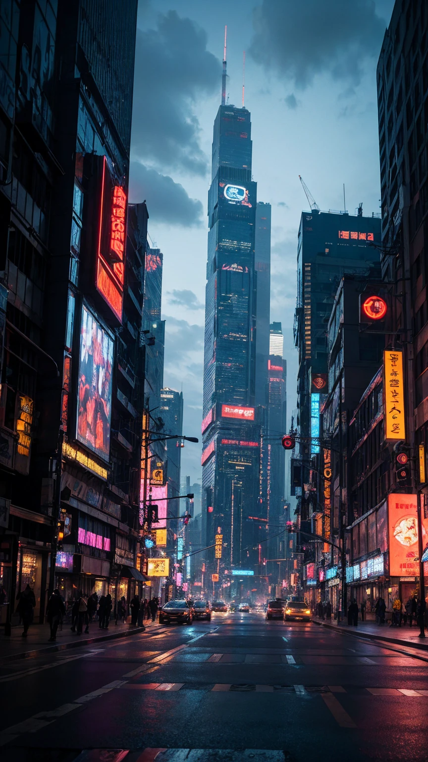 a highly detailed cyberpunk scene, a futuristic cityscape with towering skyscrapers, neon lights, and advanced technology, 4k, best quality, ultra-detailed, photorealistic, cinematic lighting, dramatic colors, dynamic composition, intricate architecture, holographic displays, flying vehicles, advanced robotics, moody atmosphere