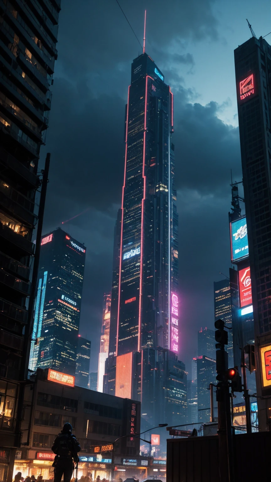 a highly detailed cyberpunk scene, a futuristic cityscape with towering skyscrapers, neon lights, and advanced technology, 4k, best quality, ultra-detailed, photorealistic, cinematic lighting, dramatic colors, dynamic composition, intricate architecture, holographic displays, flying vehicles, advanced robotics, moody atmosphere