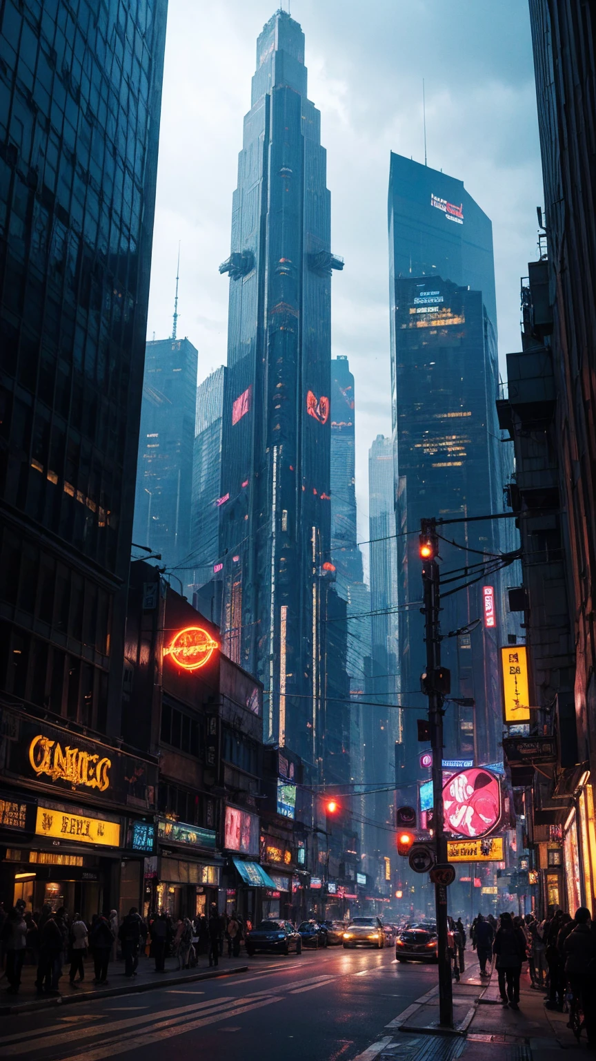 a highly detailed cyberpunk scene, a futuristic cityscape with towering skyscrapers, neon lights, and advanced technology, 4k, best quality, ultra-detailed, photorealistic, cinematic lighting, dramatic colors, dynamic composition, intricate architecture, holographic displays, flying vehicles, advanced robotics, moody atmosphere