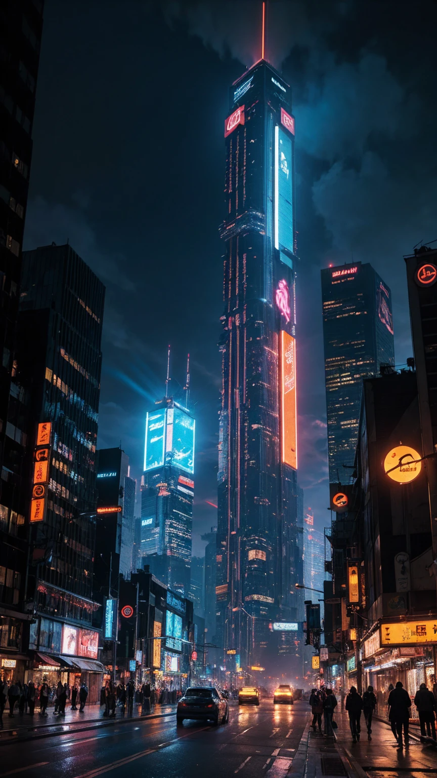 a highly detailed cyberpunk scene, a futuristic cityscape with towering skyscrapers, neon lights, and advanced technology, 4k, best quality, ultra-detailed, photorealistic, cinematic lighting, dramatic colors, dynamic composition, intricate architecture, holographic displays, flying vehicles, advanced robotics, moody atmosphere