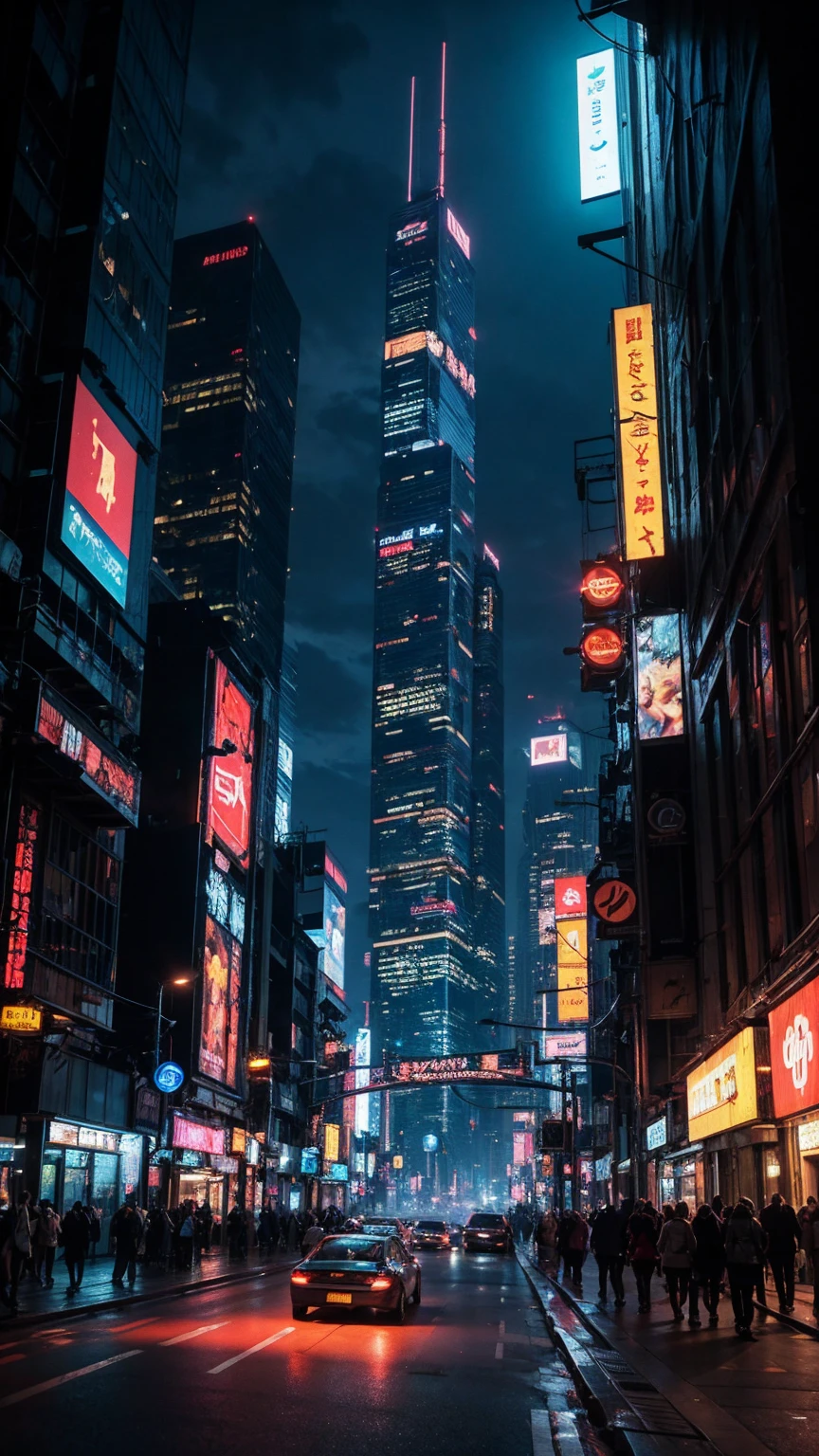 a highly detailed cyberpunk scene, a futuristic cityscape with towering skyscrapers, neon lights, and advanced technology, 4k, best quality, ultra-detailed, photorealistic, cinematic lighting, dramatic colors, dynamic composition, intricate architecture, holographic displays, flying vehicles, advanced robotics, moody atmosphere