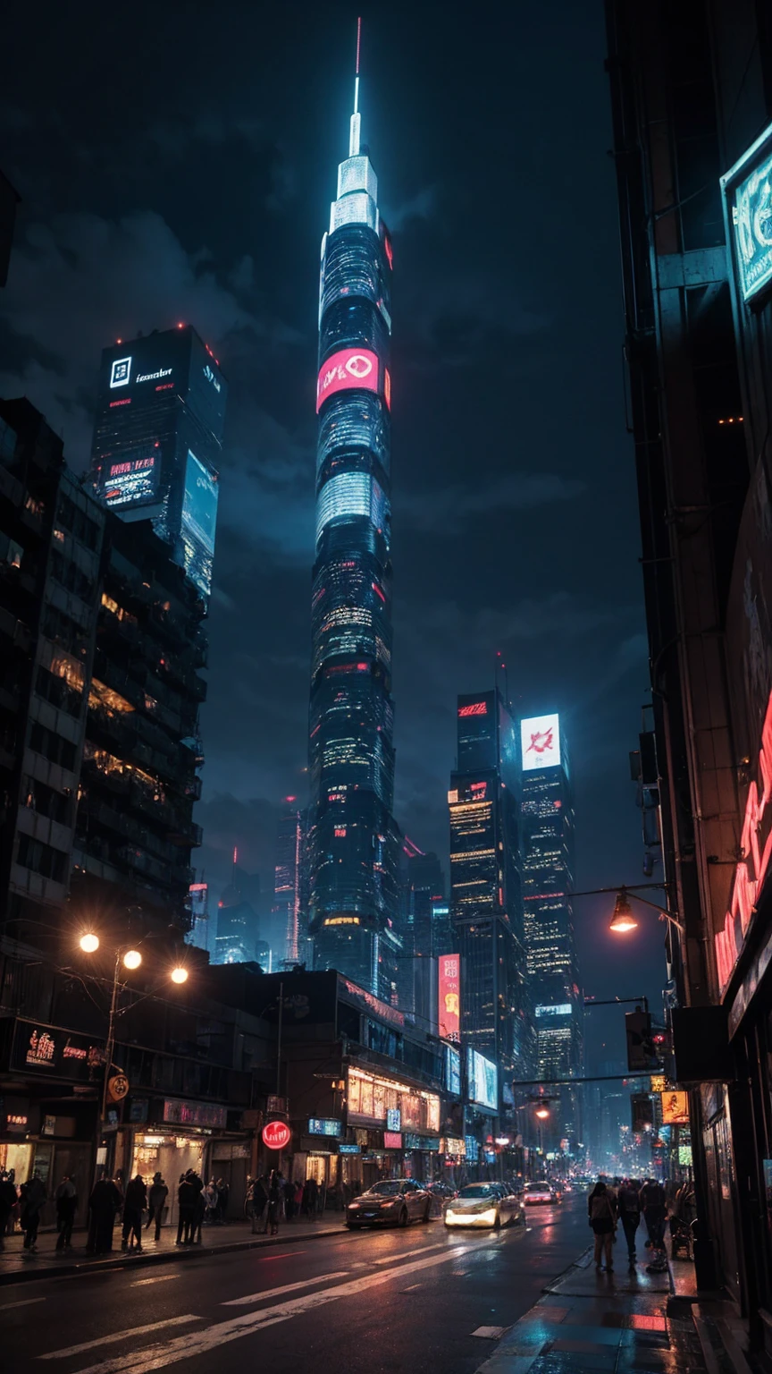 a highly detailed cyberpunk scene, a futuristic cityscape with towering skyscrapers, neon lights, and advanced technology, 4k, best quality, ultra-detailed, photorealistic, cinematic lighting, dramatic colors, dynamic composition, intricate architecture, holographic displays, flying vehicles, advanced robotics, moody atmosphere