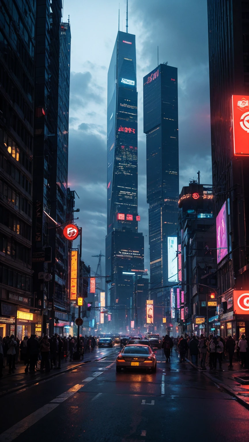a highly detailed cyberpunk scene, a futuristic cityscape with towering skyscrapers, neon lights, and advanced technology, 4k, best quality, ultra-detailed, photorealistic, cinematic lighting, dramatic colors, dynamic composition, intricate architecture, holographic displays, flying vehicles, advanced robotics, moody atmosphere