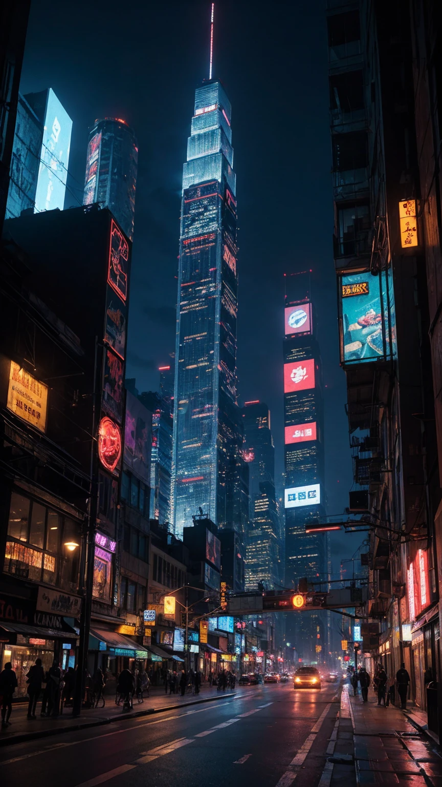 a highly detailed cyberpunk scene, a futuristic cityscape with towering skyscrapers, neon lights, and advanced technology, 4k, best quality, ultra-detailed, photorealistic, cinematic lighting, dramatic colors, dynamic composition, intricate architecture, holographic displays, flying vehicles, advanced robotics, moody atmosphere