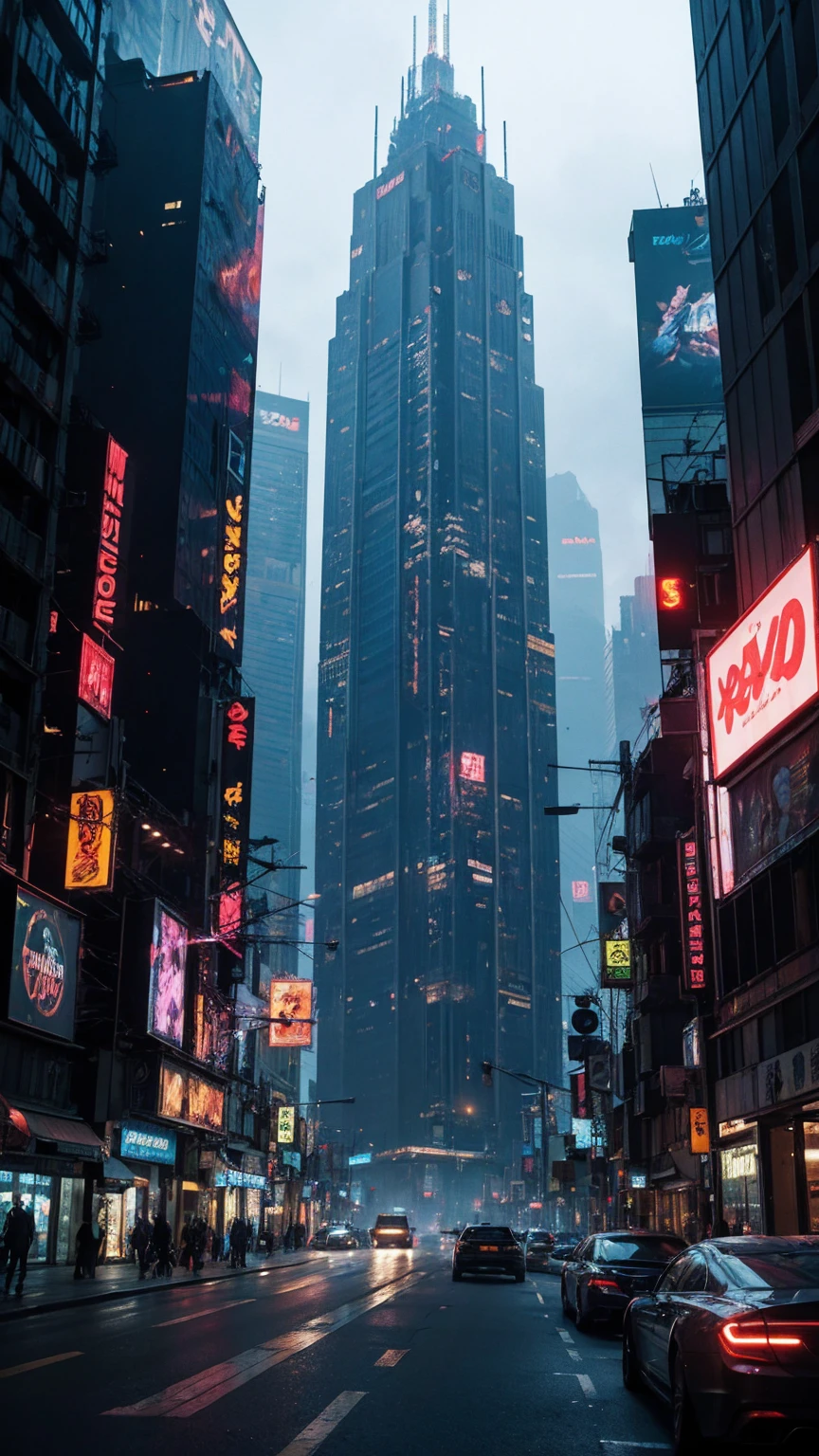 a highly detailed cyberpunk scene, a futuristic cityscape with towering skyscrapers, neon lights, and advanced technology, 4k, best quality, ultra-detailed, photorealistic, cinematic lighting, dramatic colors, dynamic composition, intricate architecture, holographic displays, flying vehicles, advanced robotics, moody atmosphere