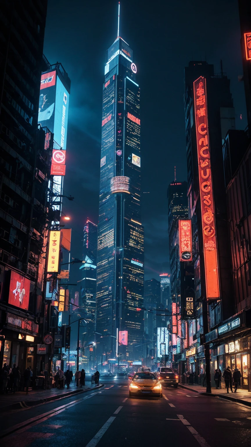 a highly detailed cyberpunk scene, a futuristic cityscape with towering skyscrapers, neon lights, and advanced technology, 4k, best quality, ultra-detailed, photorealistic, cinematic lighting, dramatic colors, dynamic composition, intricate architecture, holographic displays, flying vehicles, advanced robotics, moody atmosphere