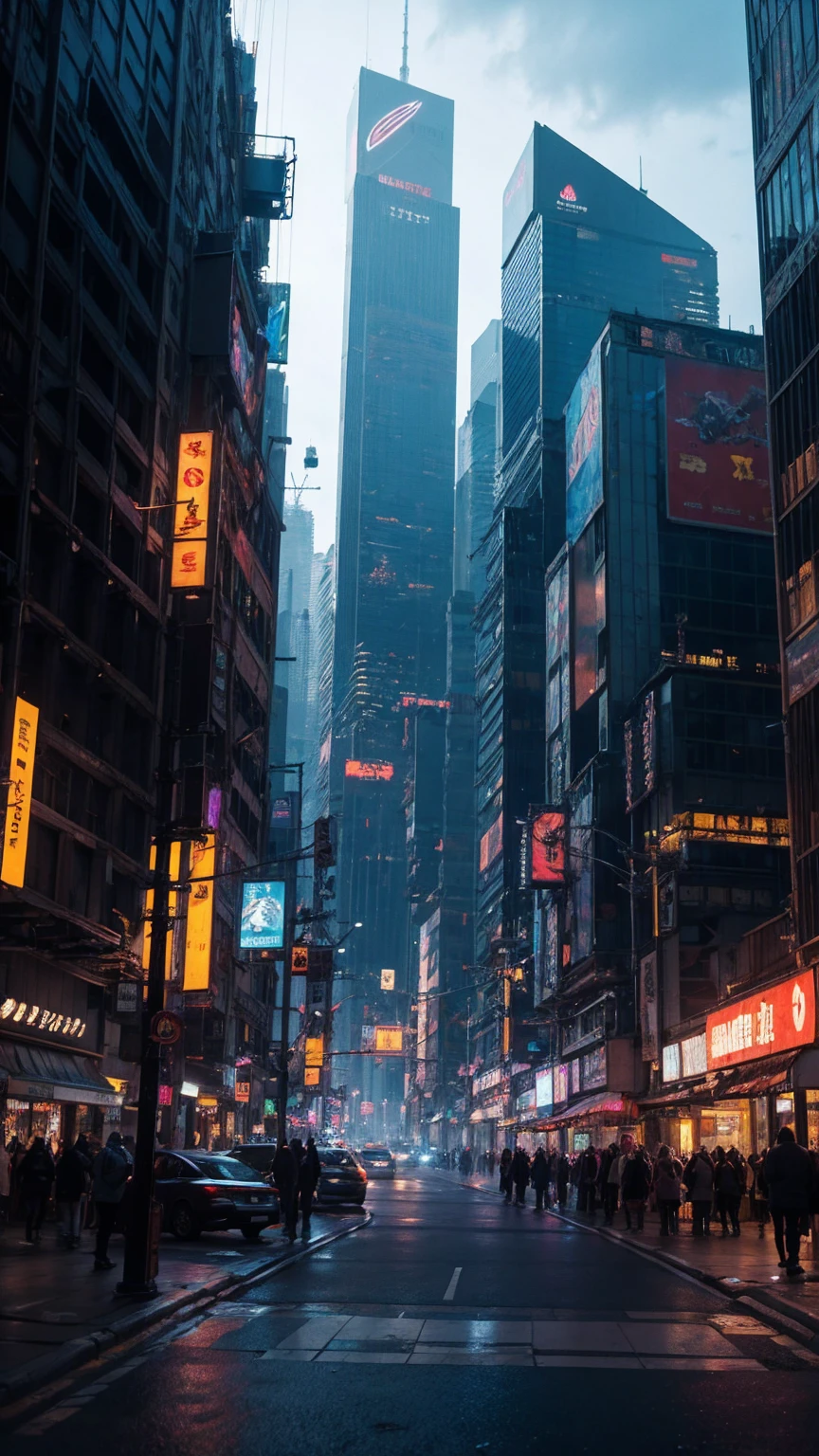 a highly detailed cyberpunk scene, a futuristic cityscape with towering skyscrapers, neon lights, and advanced technology, 4k, best quality, ultra-detailed, photorealistic, cinematic lighting, dramatic colors, dynamic composition, intricate architecture, holographic displays, flying vehicles, advanced robotics, moody atmosphere
