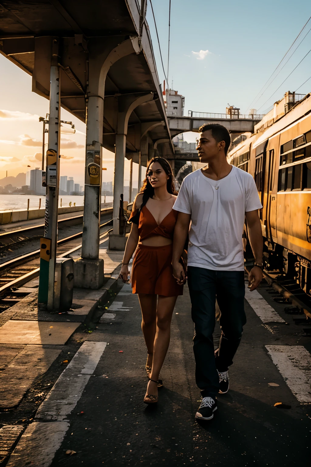 a couple and a son walking through Rio de Janeiro, flying very high, sitting under train tracks, very beautiful landscape and orange sunset