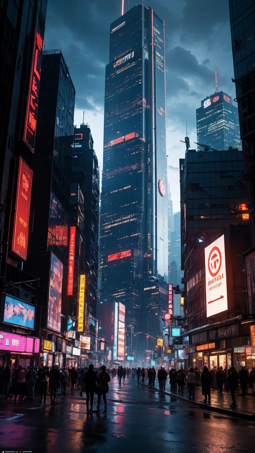 a highly detailed cyberpunk scene, a futuristic cityscape with towering skyscrapers, neon lights, and advanced technology, 4k, best quality, ultra-detailed, photorealistic, cinematic lighting, dramatic colors, dynamic composition, intricate architecture, holographic displays, flying vehicles, advanced robotics, moody atmosphere