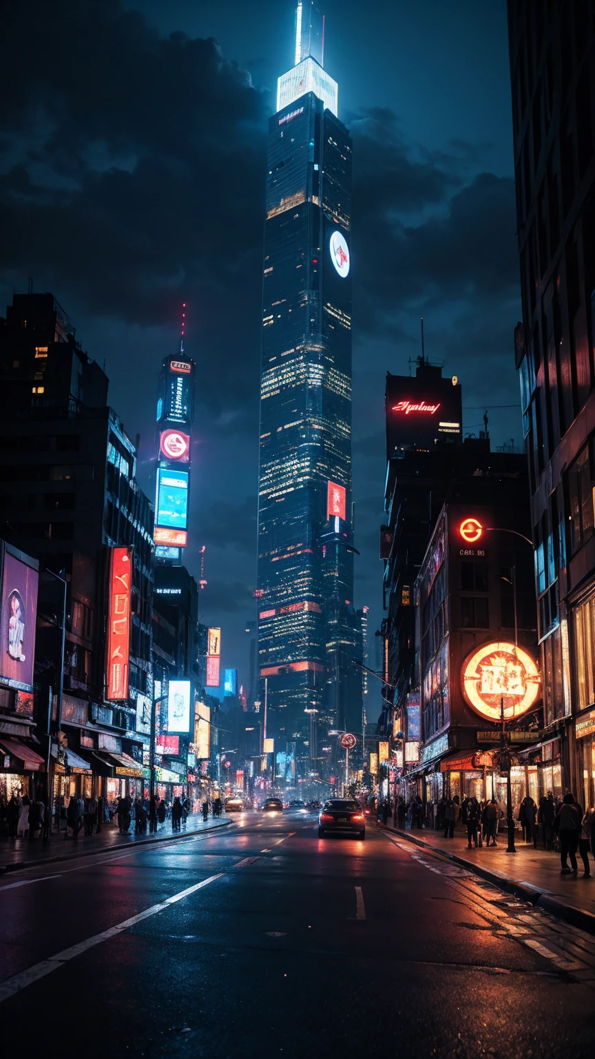 a highly detailed cyberpunk scene, a futuristic cityscape with towering skyscrapers, neon lights, and advanced technology, 4k, best quality, ultra-detailed, photorealistic, cinematic lighting, dramatic colors, dynamic composition, intricate architecture, holographic displays, flying vehicles, advanced robotics, moody atmosphere