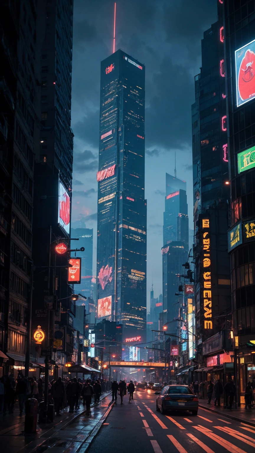 a highly detailed cyberpunk scene, a futuristic cityscape with towering skyscrapers, neon lights, and advanced technology, 4k, best quality, ultra-detailed, photorealistic, cinematic lighting, dramatic colors, dynamic composition, intricate architecture, holographic displays, flying vehicles, advanced robotics, moody atmosphere