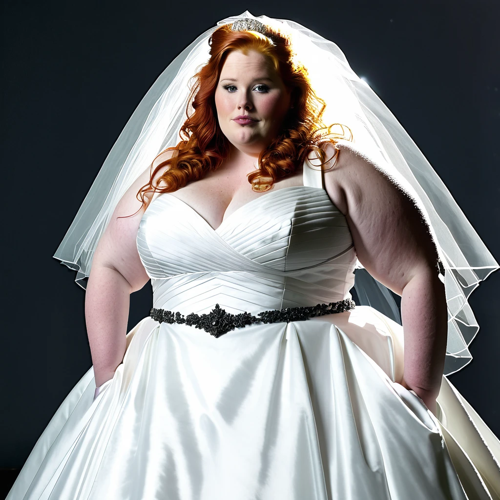 sbbw solo extremely morbidly obese redhead Belgian woman full body alone wearing a white wedding dress 